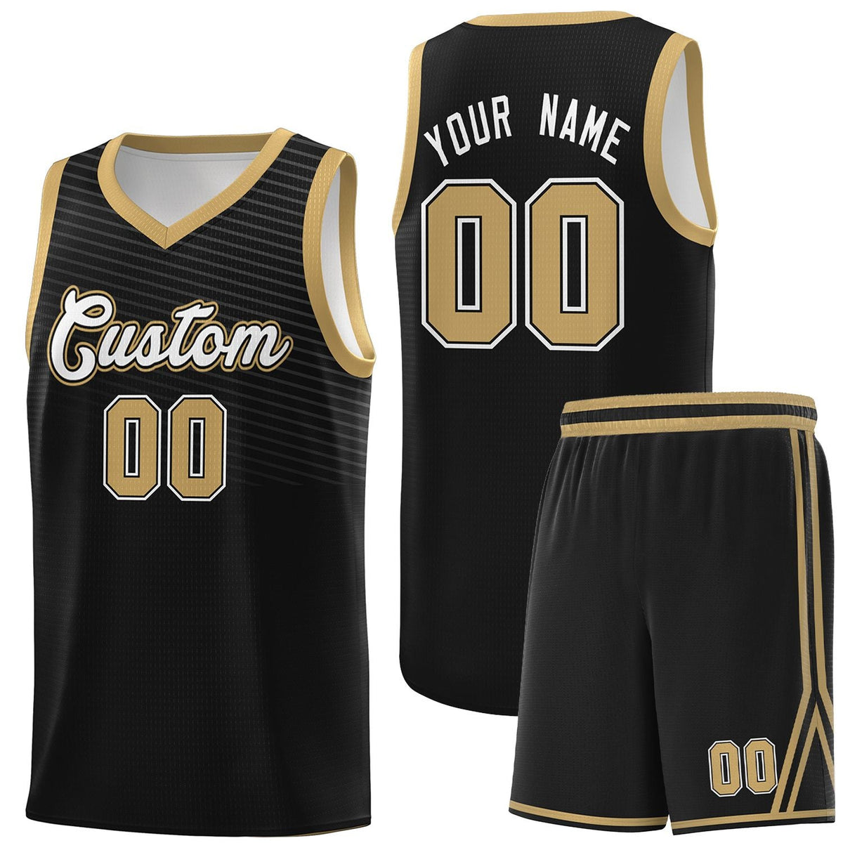 Custom Black Old Gold Chest Slash Patttern Sports Uniform Basketball Jersey