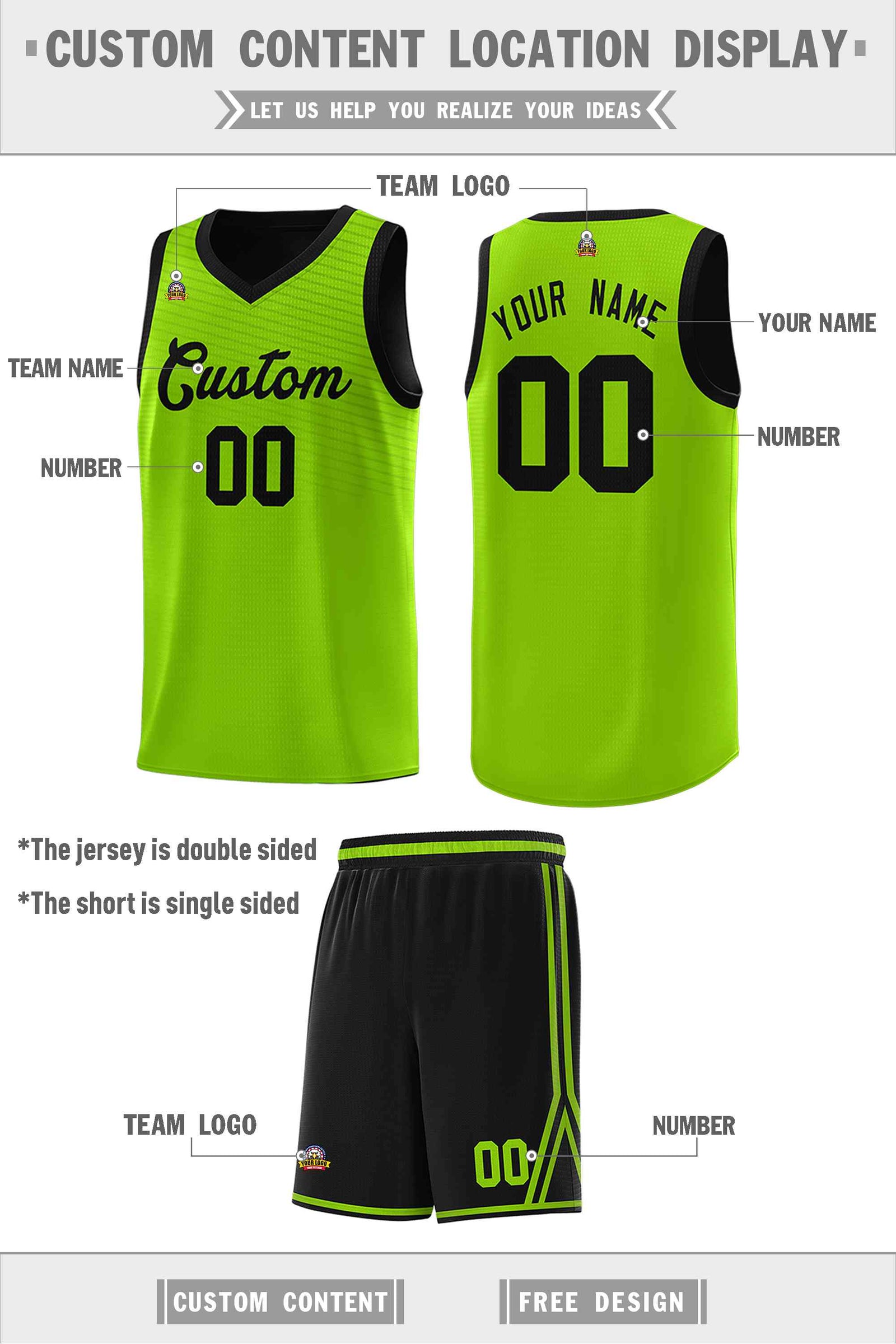Custom Black Neon Green Chest Slash Patttern Double Side Sports Uniform Basketball Jersey