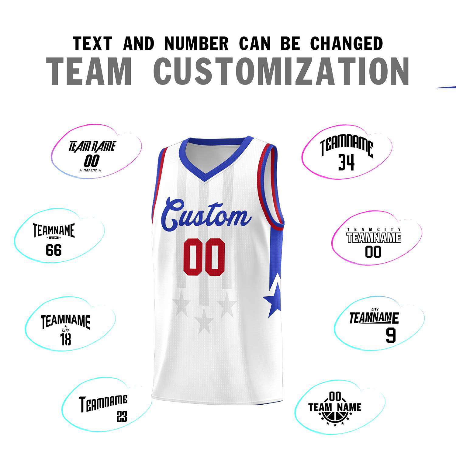 Custom White Royal and Red Gradient Star Graffiti Pattern Sports Uniform Basketball Jersey