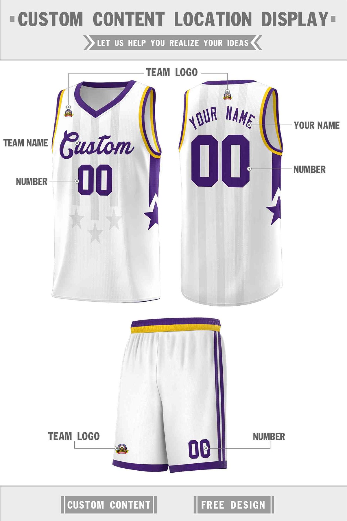 Custom White Purple and Gold Gradient Star Graffiti Pattern Sports Uniform Basketball Jersey