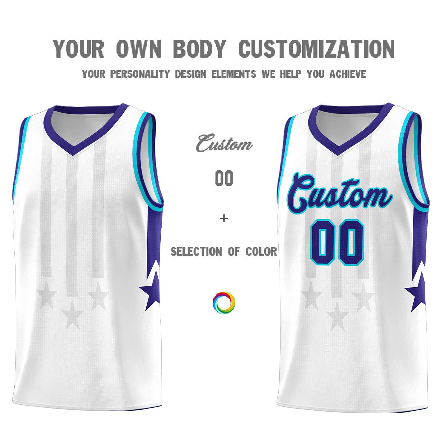 Custom White Purple and Sky Blue Gradient Star Graffiti Pattern Sports Uniform Basketball Jersey