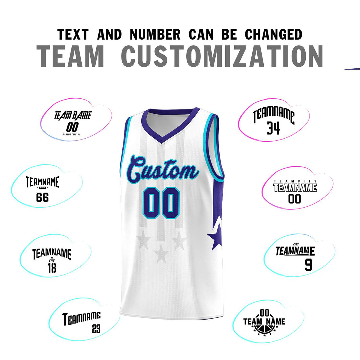 Custom White Purple and Sky Blue Gradient Star Graffiti Pattern Sports Uniform Basketball Jersey