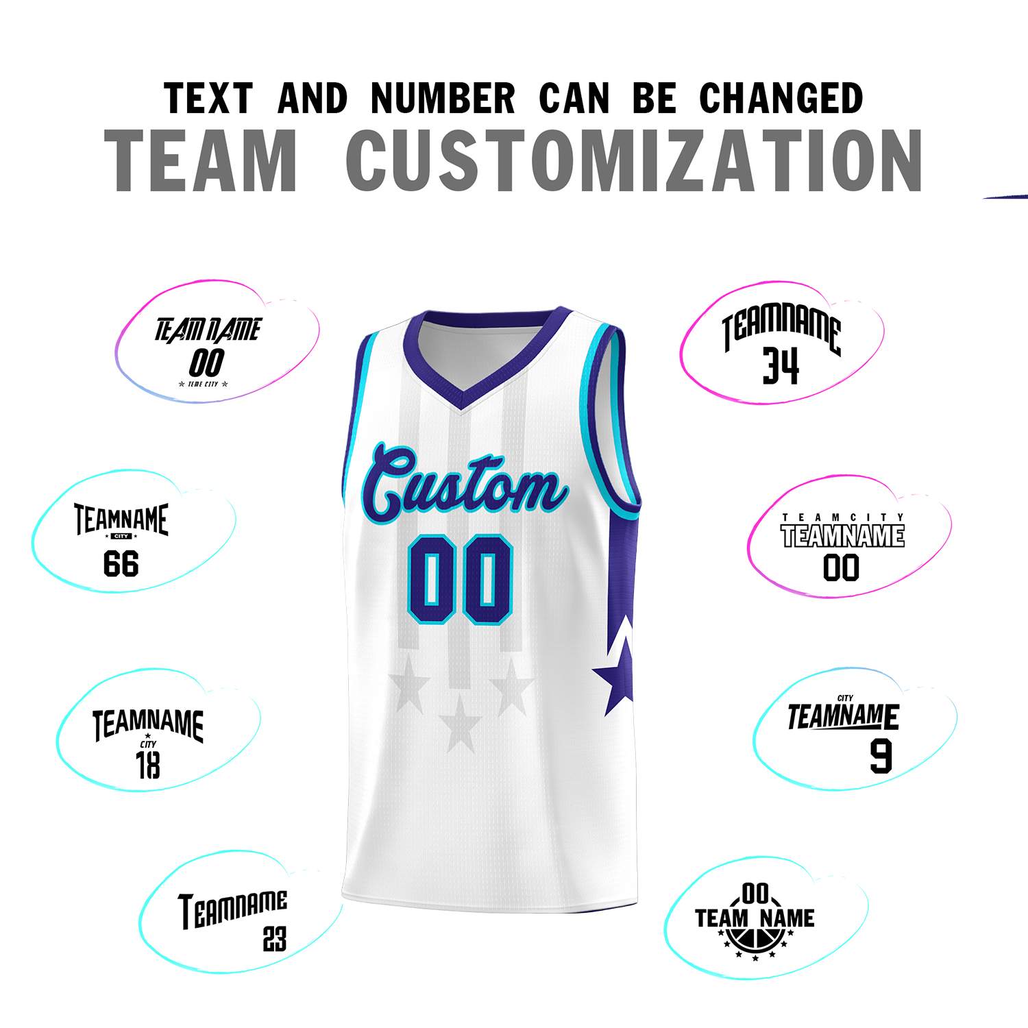 Custom White Purple and Sky Blue Gradient Star Graffiti Pattern Sports Uniform Basketball Jersey