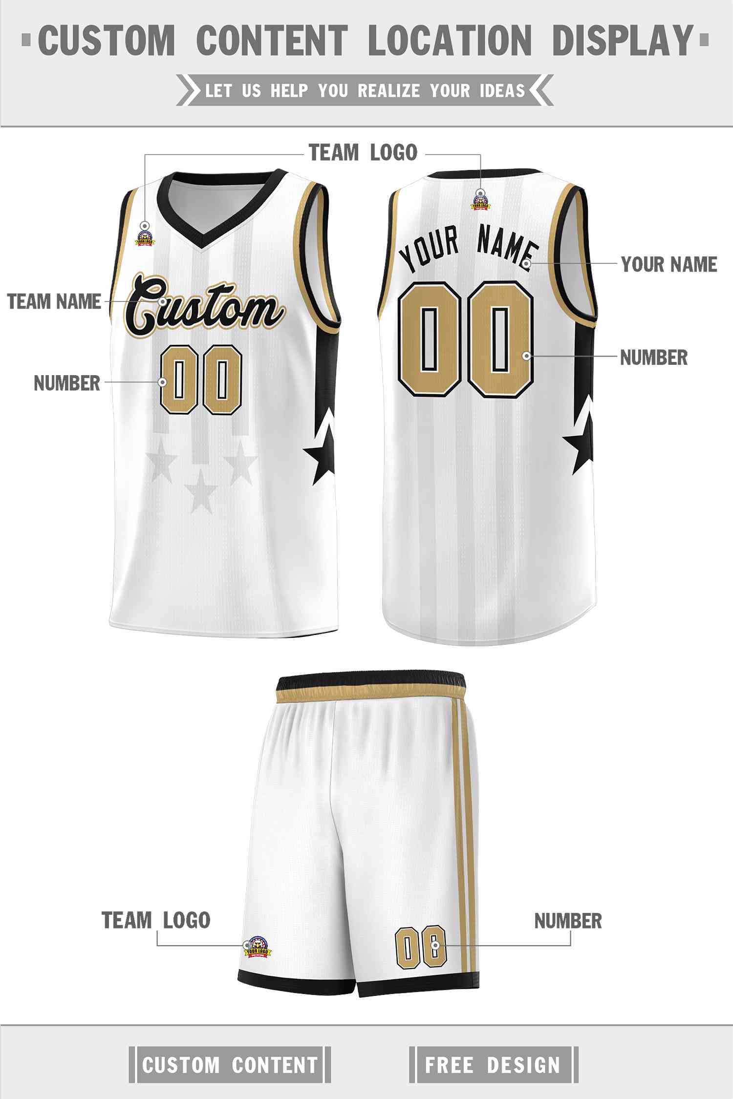 Custom White Black and Old Gold Gradient Star Graffiti Pattern Sports Uniform Basketball Jersey