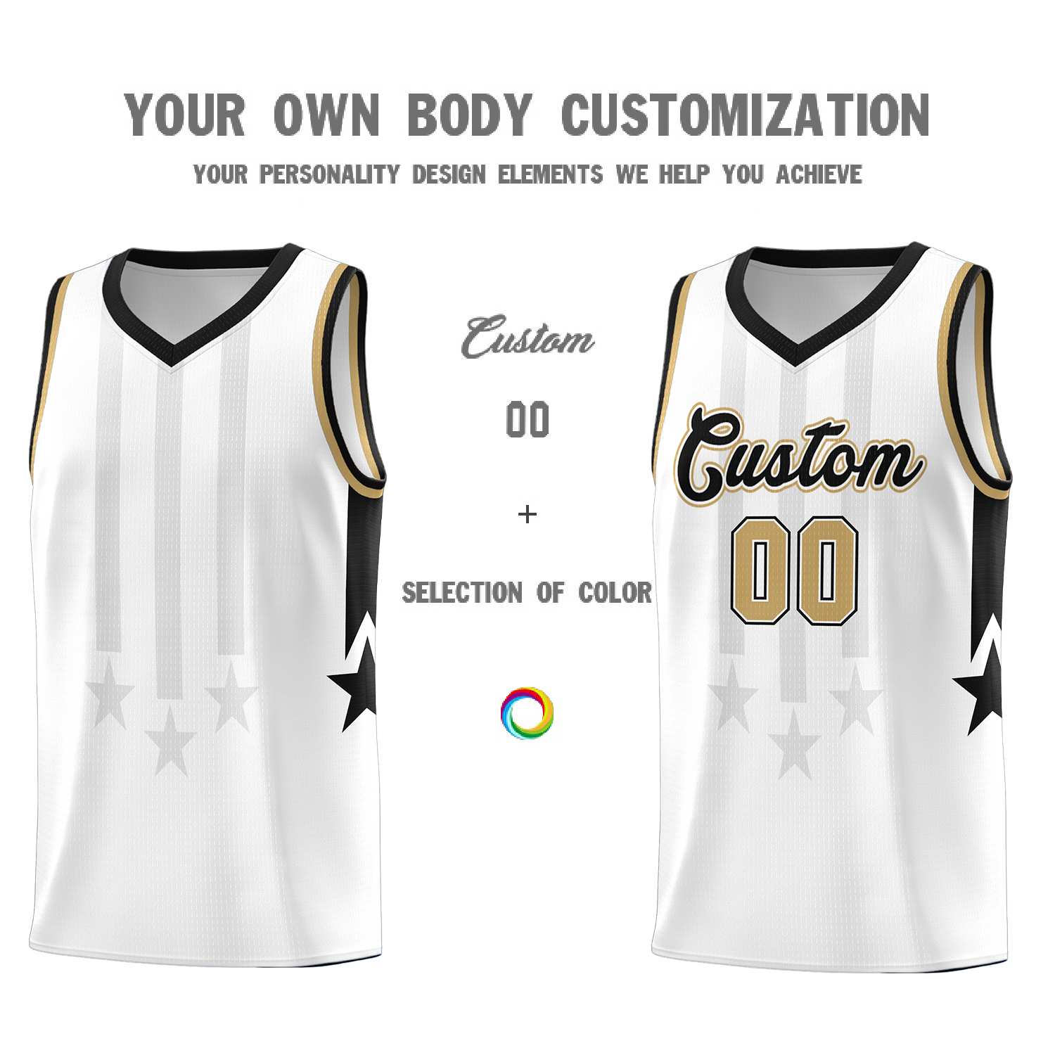 Custom White Black and Old Gold Gradient Star Graffiti Pattern Sports Uniform Basketball Jersey