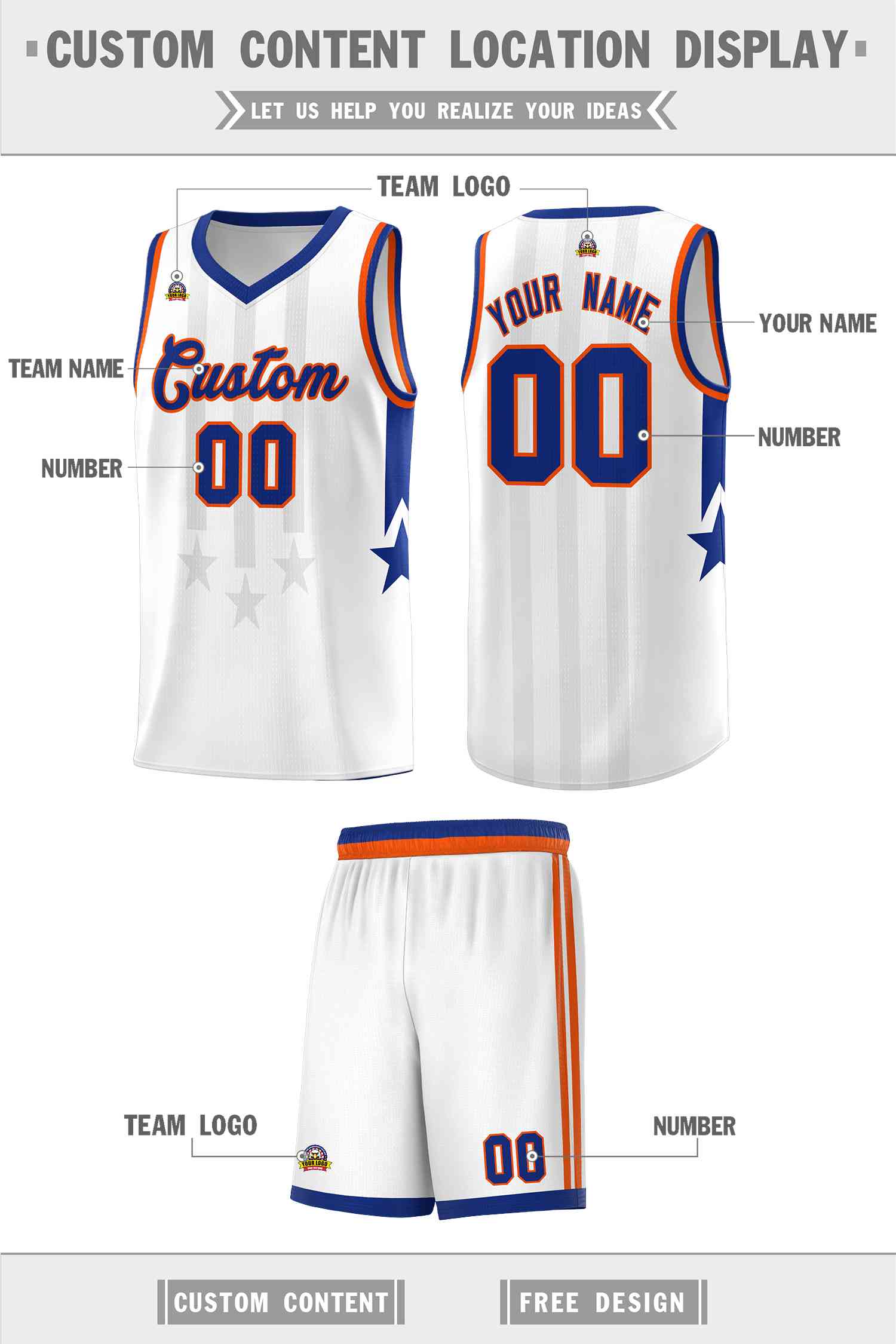 Custom White Royal and Orange Gradient Star Graffiti Pattern Sports Uniform Basketball Jersey