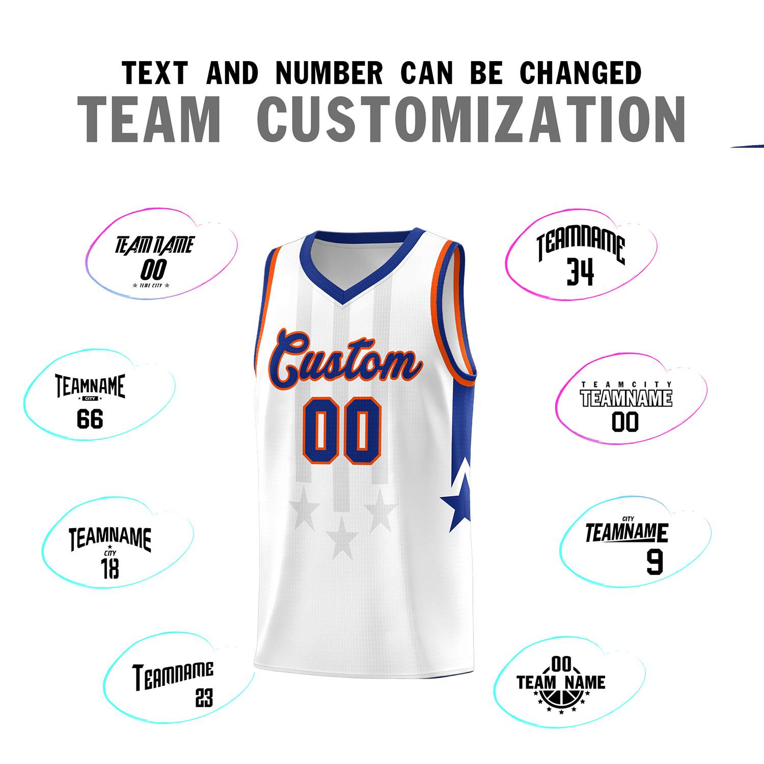 Custom White Royal and Orange Gradient Star Graffiti Pattern Sports Uniform Basketball Jersey
