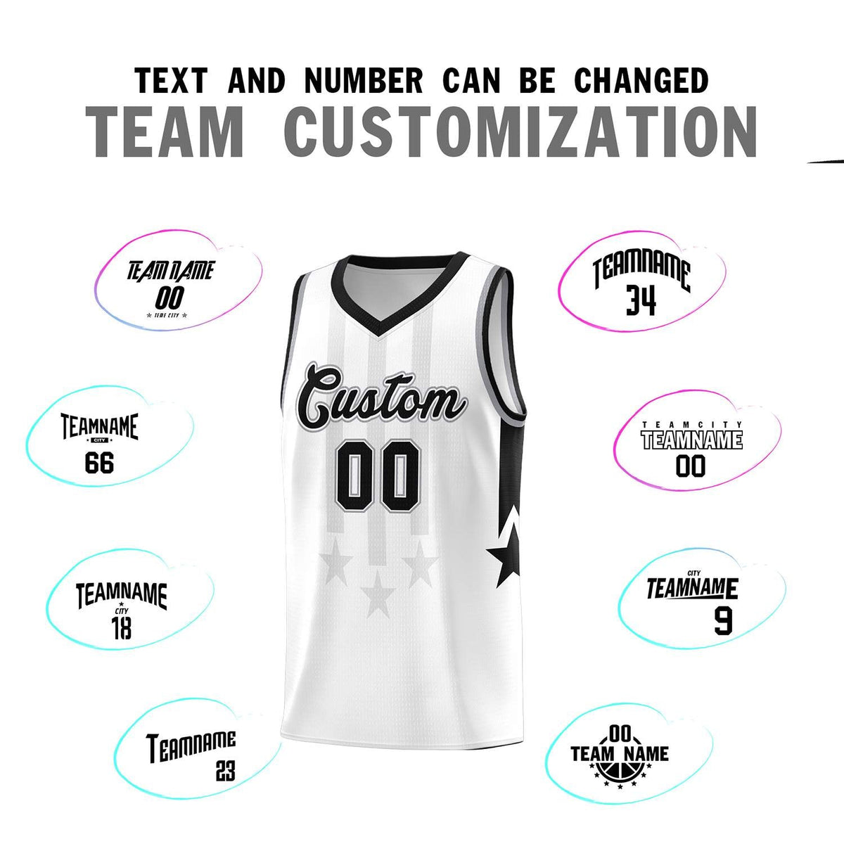Custom White Black and Gray Gradient Star Graffiti Pattern Sports Uniform Basketball Jersey