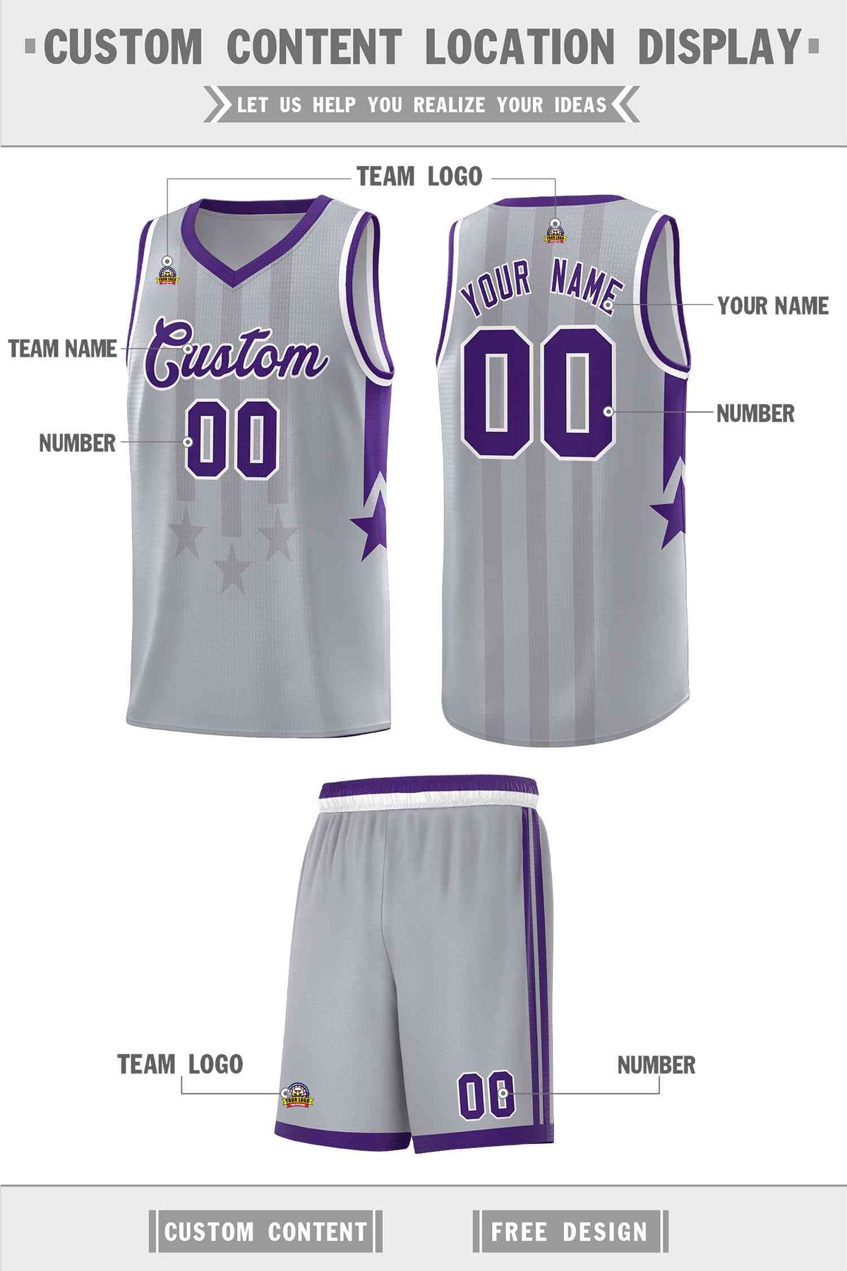 Custom Gray Purple and White Gradient Star Graffiti Pattern Sports Uniform Basketball Jersey
