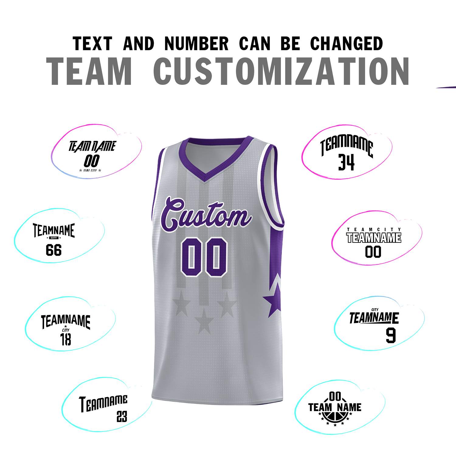 Custom Gray Purple and White Gradient Star Graffiti Pattern Sports Uniform Basketball Jersey