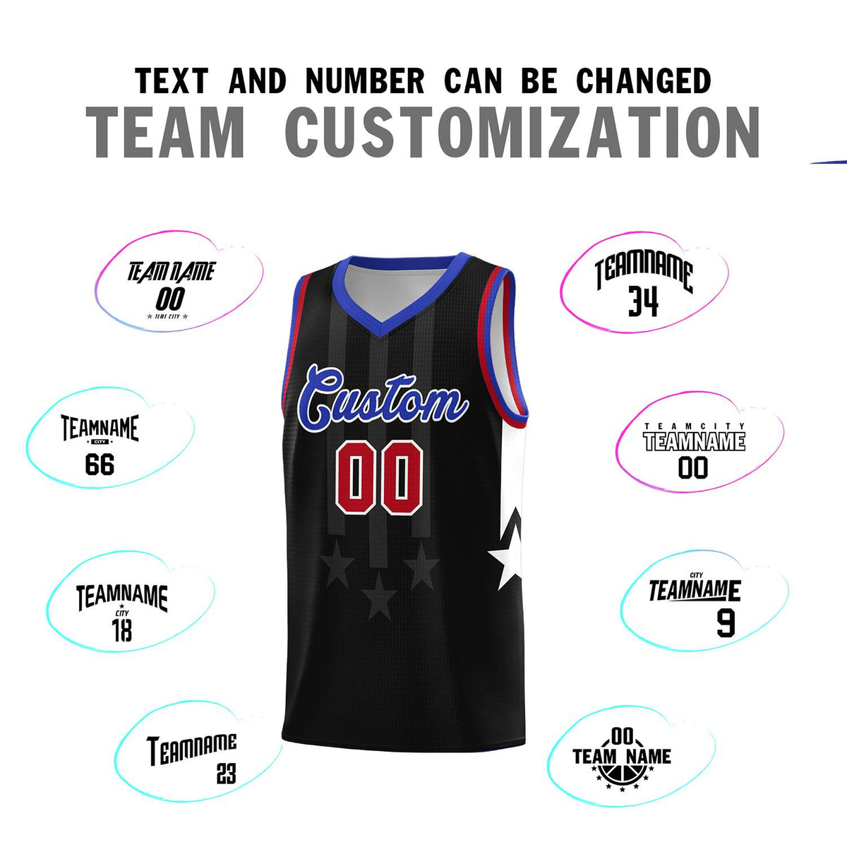 Custom Black Royal and Red Gradient Star Graffiti Pattern Sports Uniform Basketball Jersey