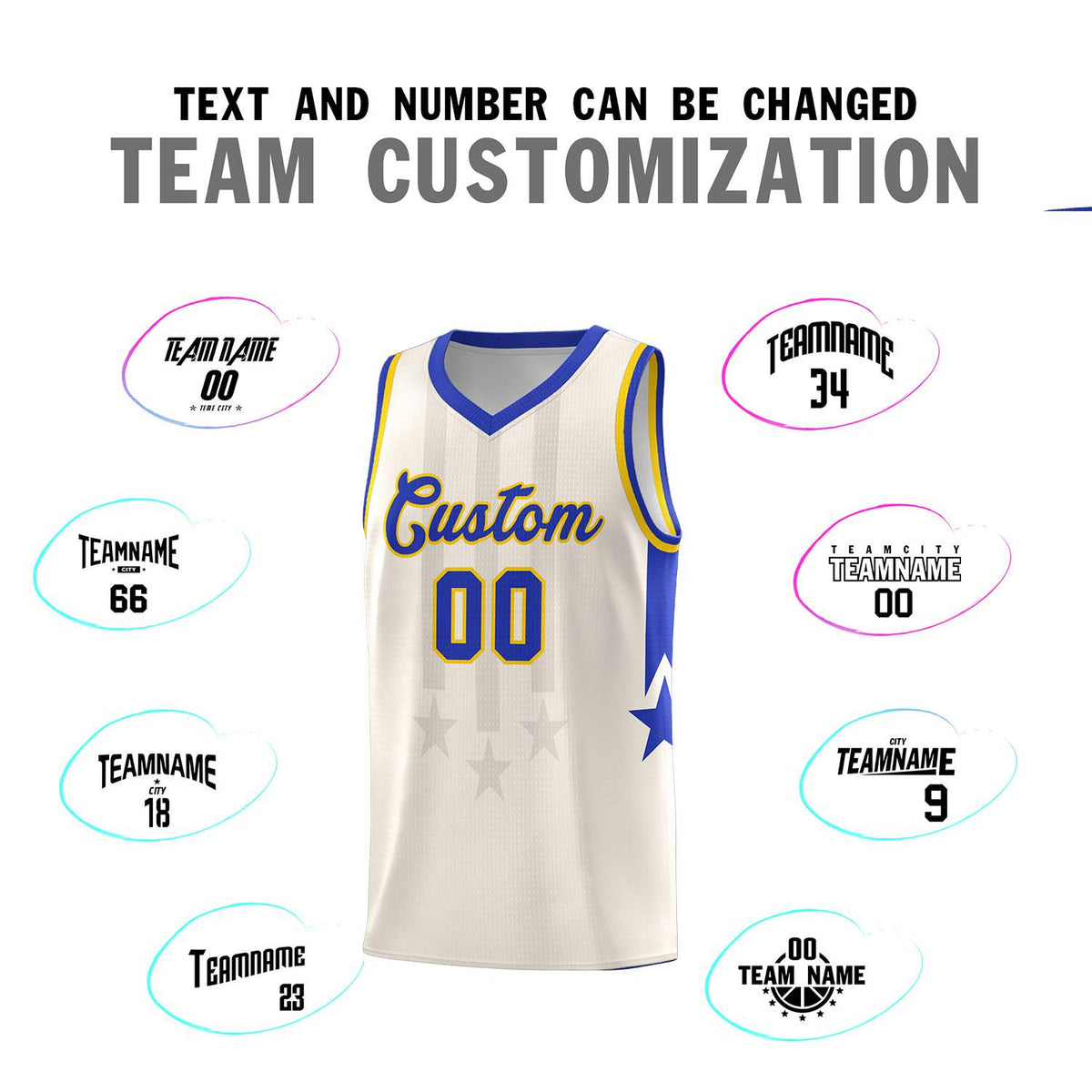 Custom Cream Royal and Gold Gradient Star Graffiti Pattern Sports Uniform Basketball Jersey
