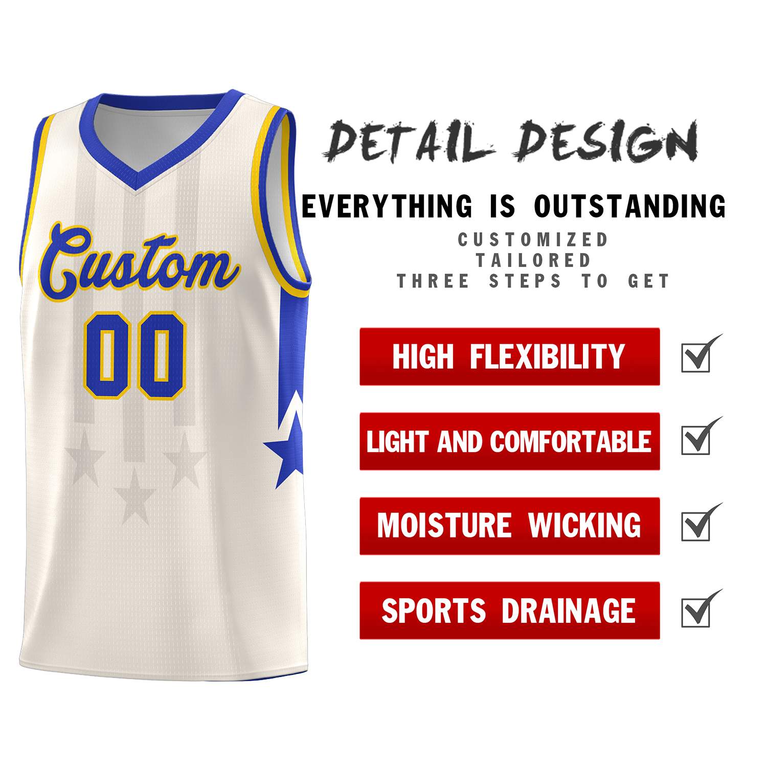 Custom Cream Royal and Gold Gradient Star Graffiti Pattern Sports Uniform Basketball Jersey