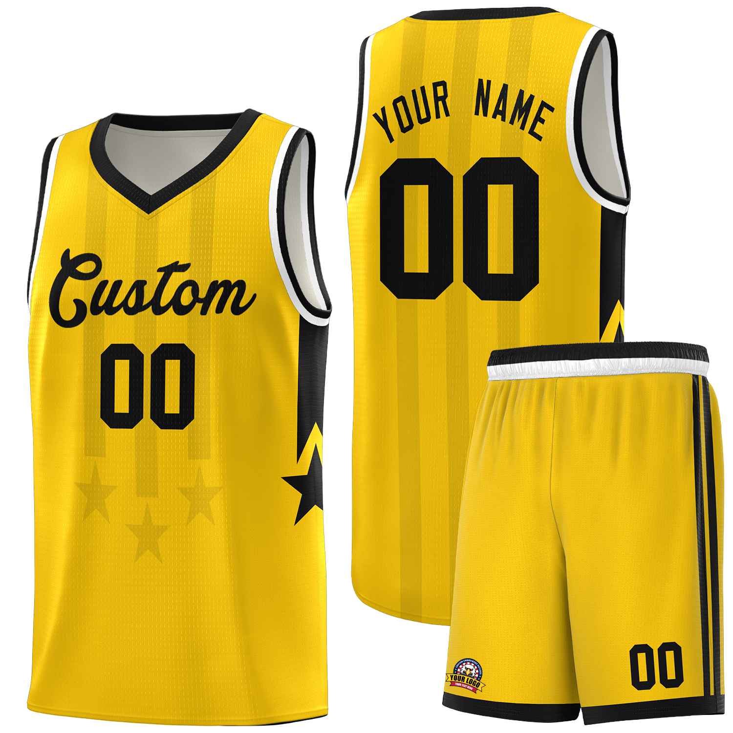 Custom Gold Black and White Gradient Star Graffiti Pattern Sports Uniform Basketball Jersey