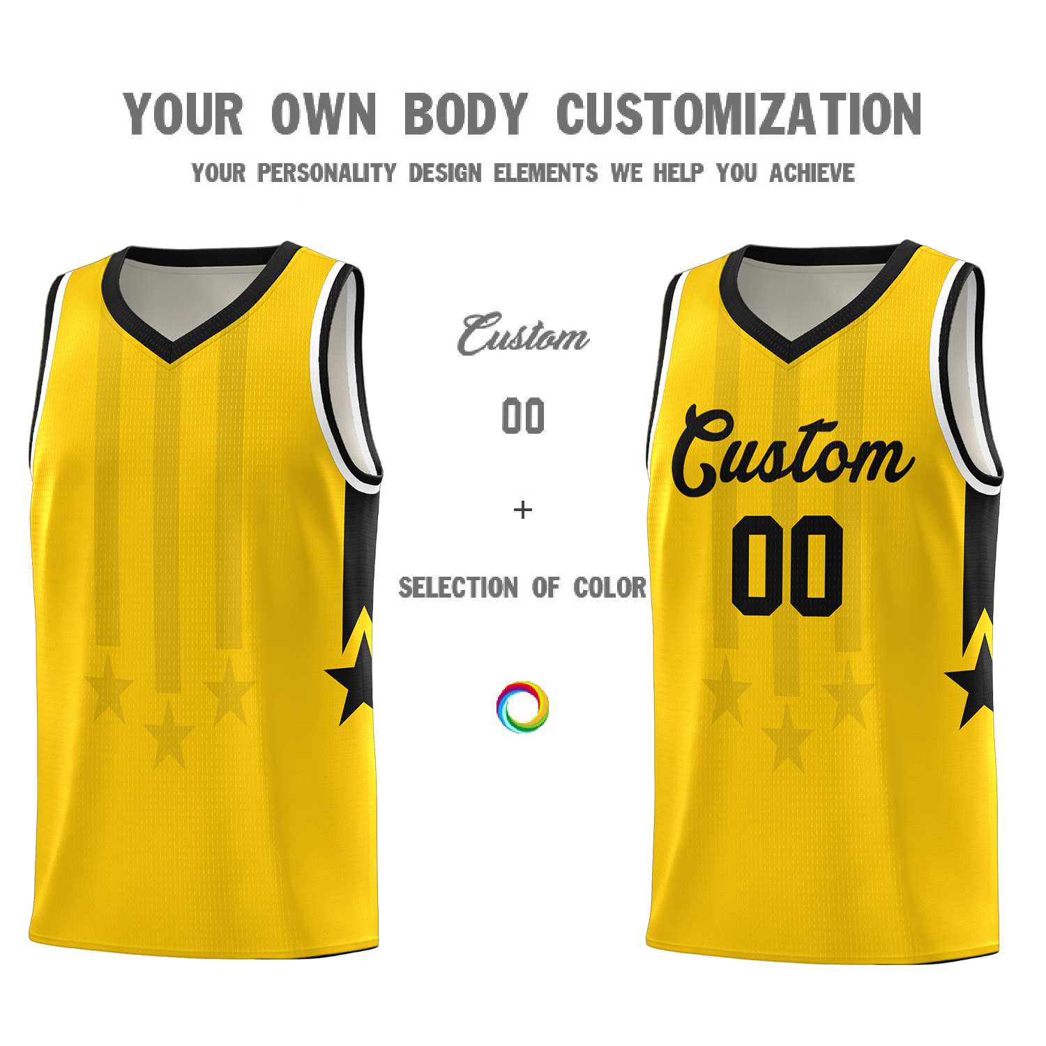 Custom Gold Black and White Gradient Star Graffiti Pattern Sports Uniform Basketball Jersey
