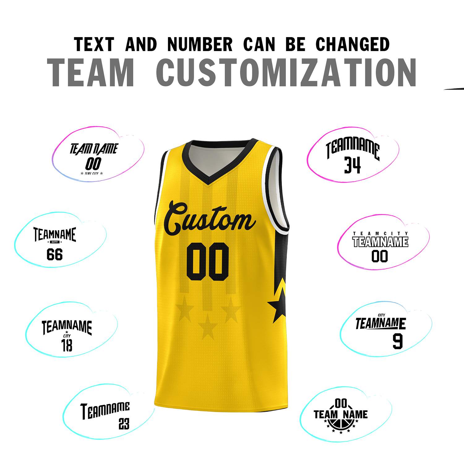 Custom Gold Black and White Gradient Star Graffiti Pattern Sports Uniform Basketball Jersey