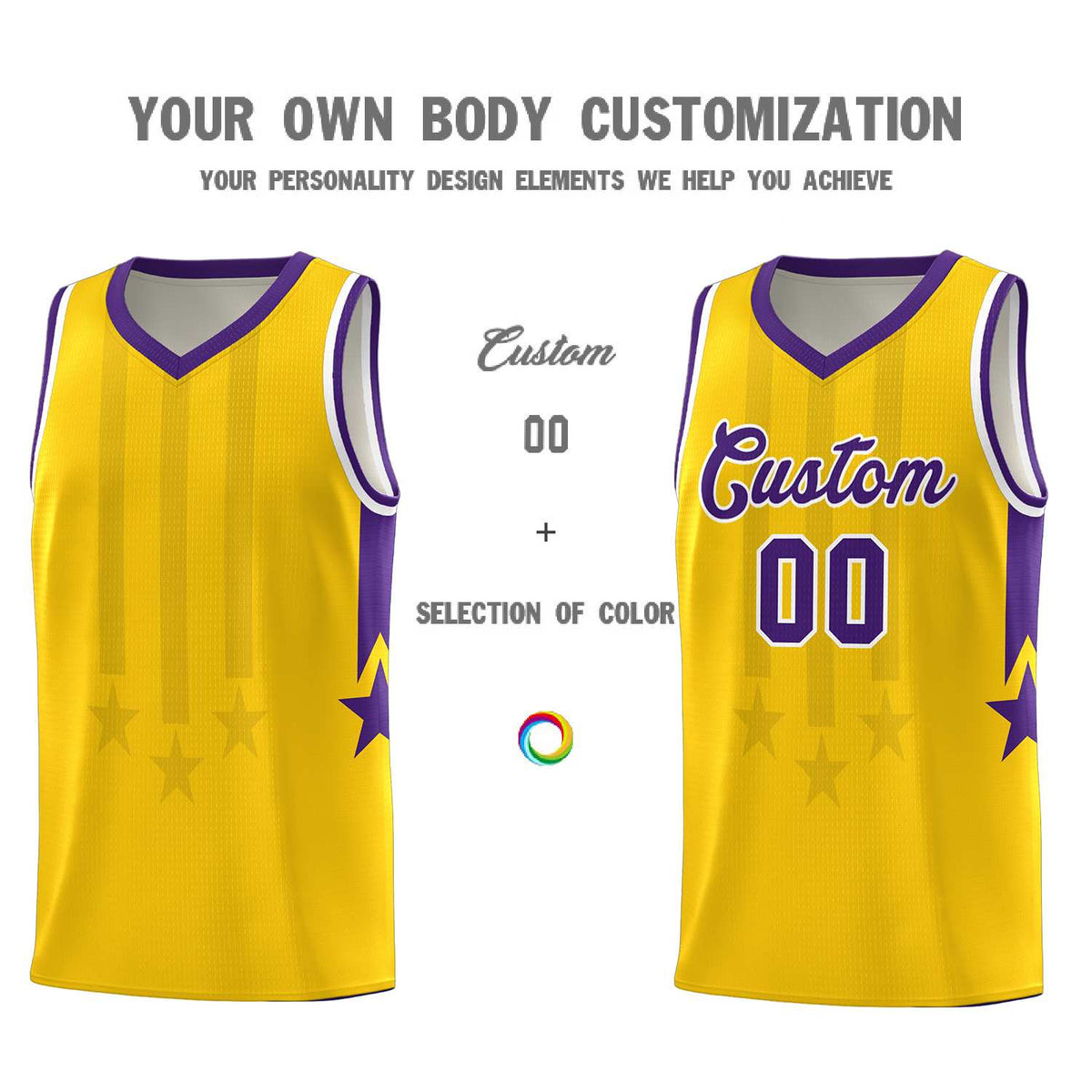 Custom Gold Purple and White Gradient Star Graffiti Pattern Sports Uniform Basketball Jersey