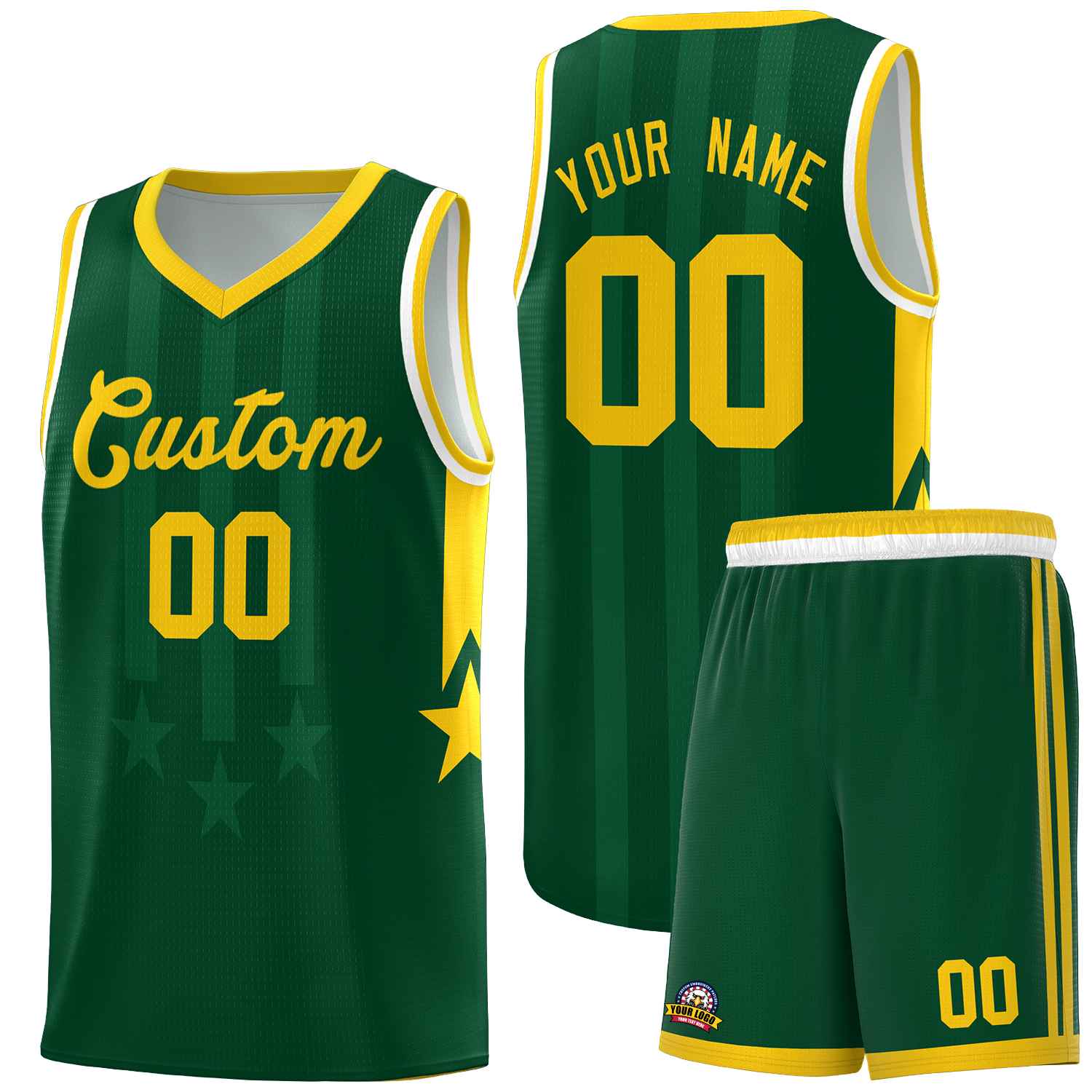 Custom Green Gold and White Gradient Star Graffiti Pattern Sports Uniform Basketball Jersey