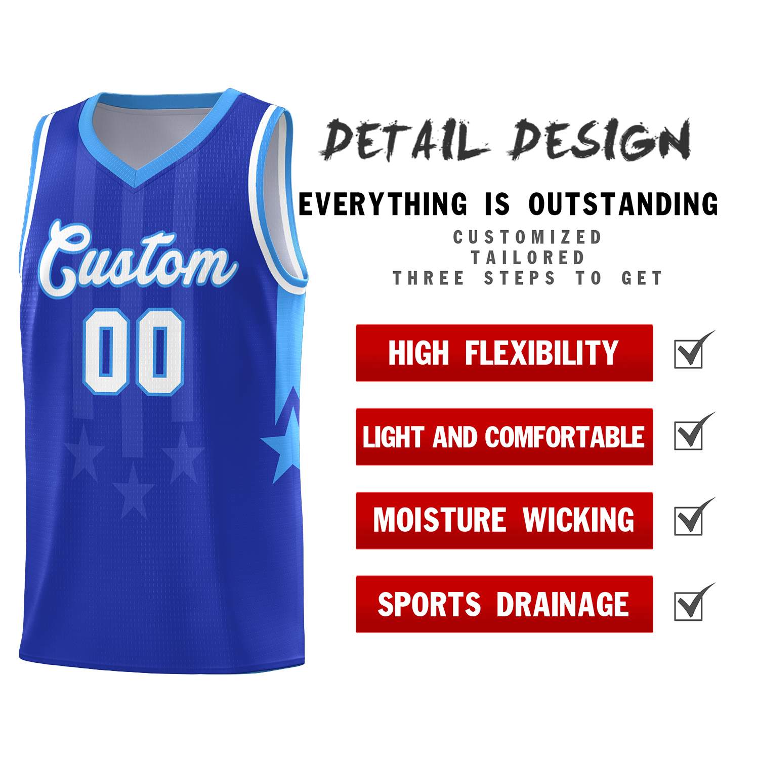 Custom Royal Powder Blue and White Gradient Star Graffiti Pattern Sports Uniform Basketball Jersey