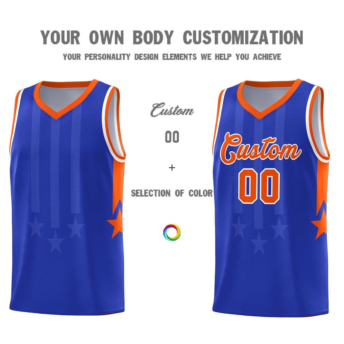 Custom Royal Orange and White Gradient Star Graffiti Pattern Sports Uniform Basketball Jersey