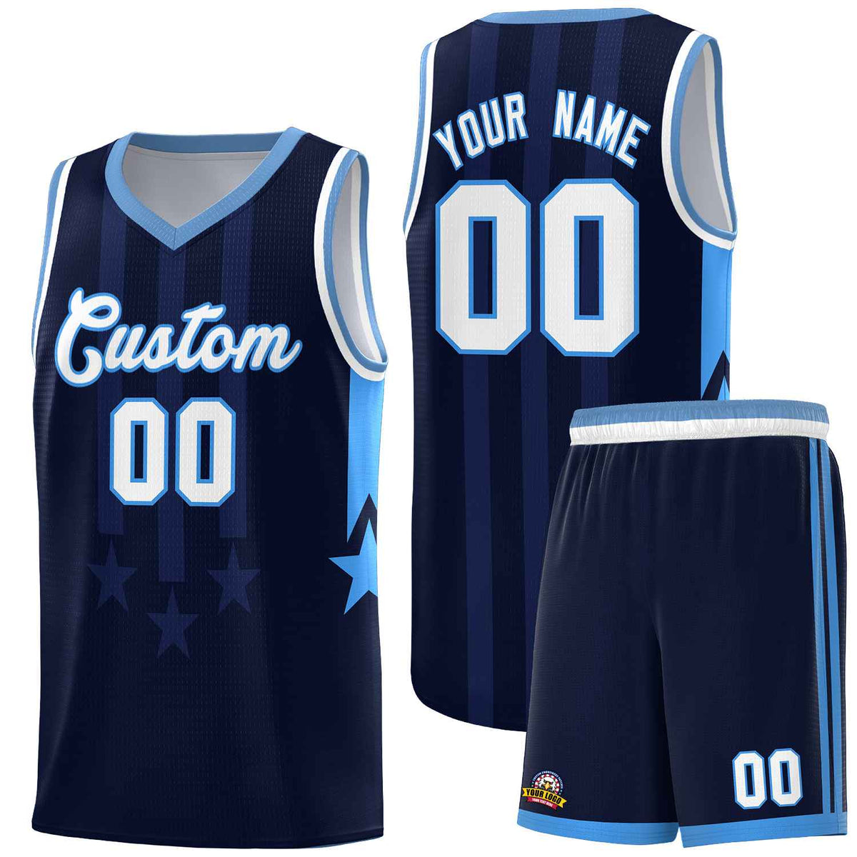 Custom Navy Light Blue and White Gradient Star Graffiti Pattern Sports Uniform Basketball Jersey