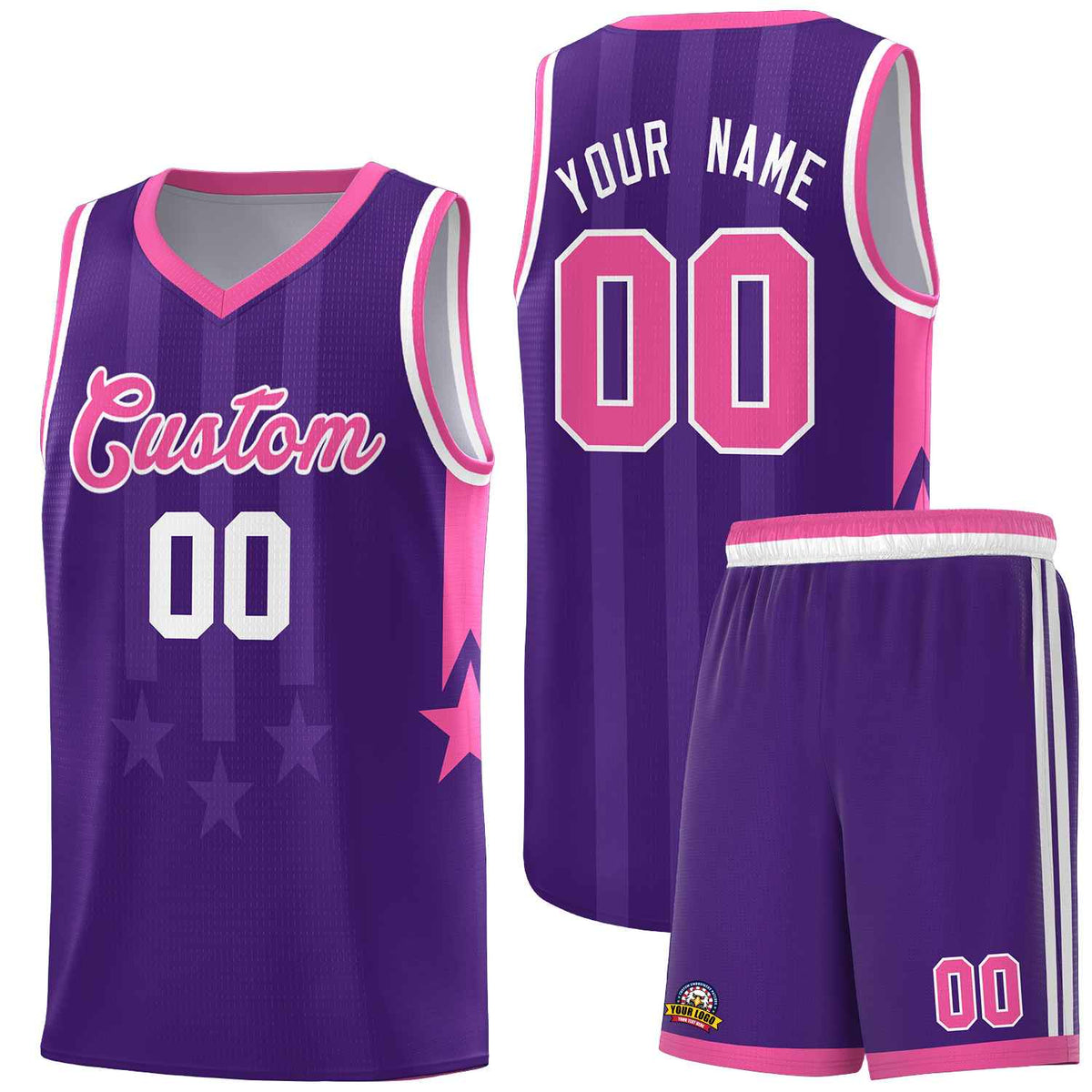 Custom Purple Pink and White Gradient Star Graffiti Pattern Sports Uniform Basketball Jersey