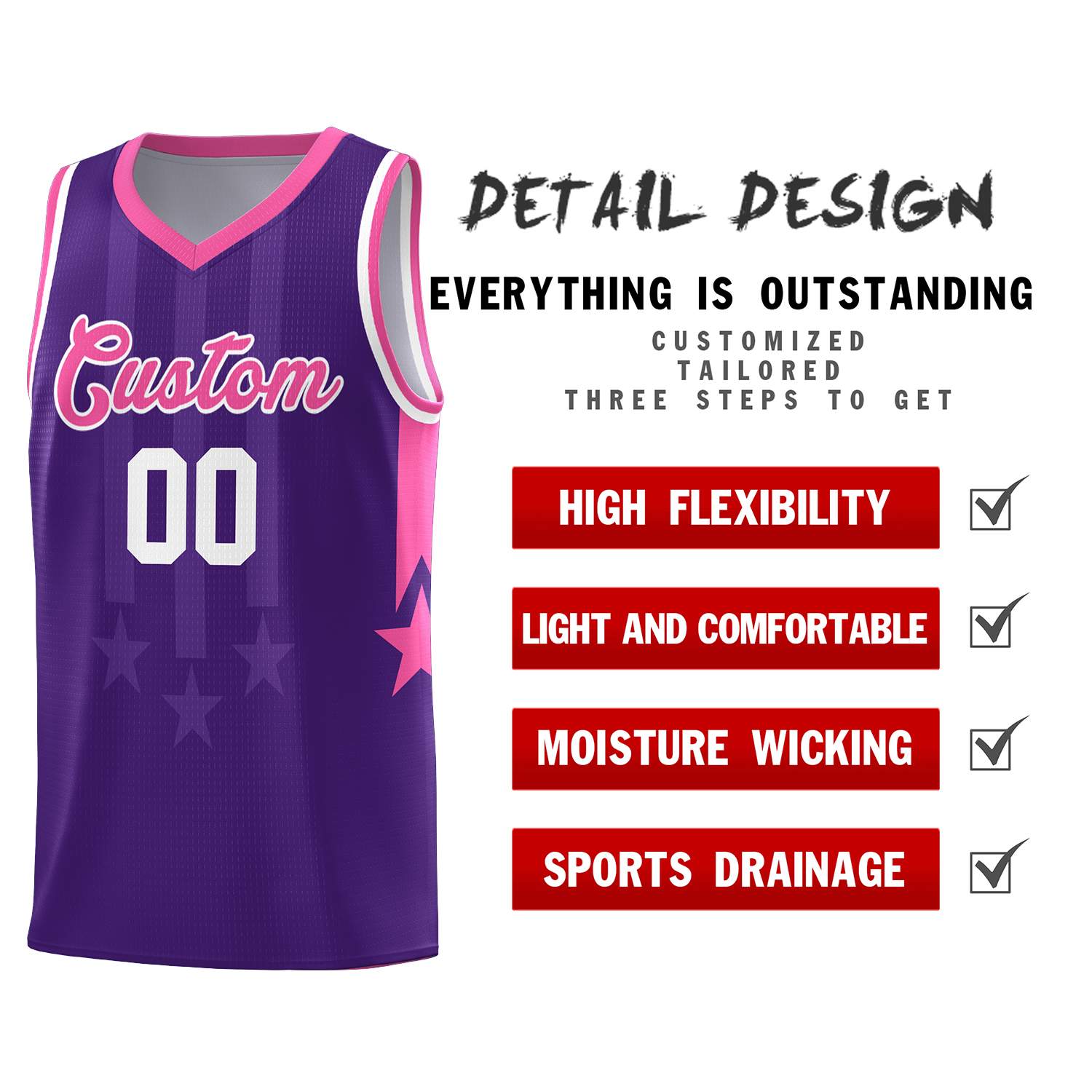 Custom Purple Pink and White Gradient Star Graffiti Pattern Sports Uniform Basketball Jersey