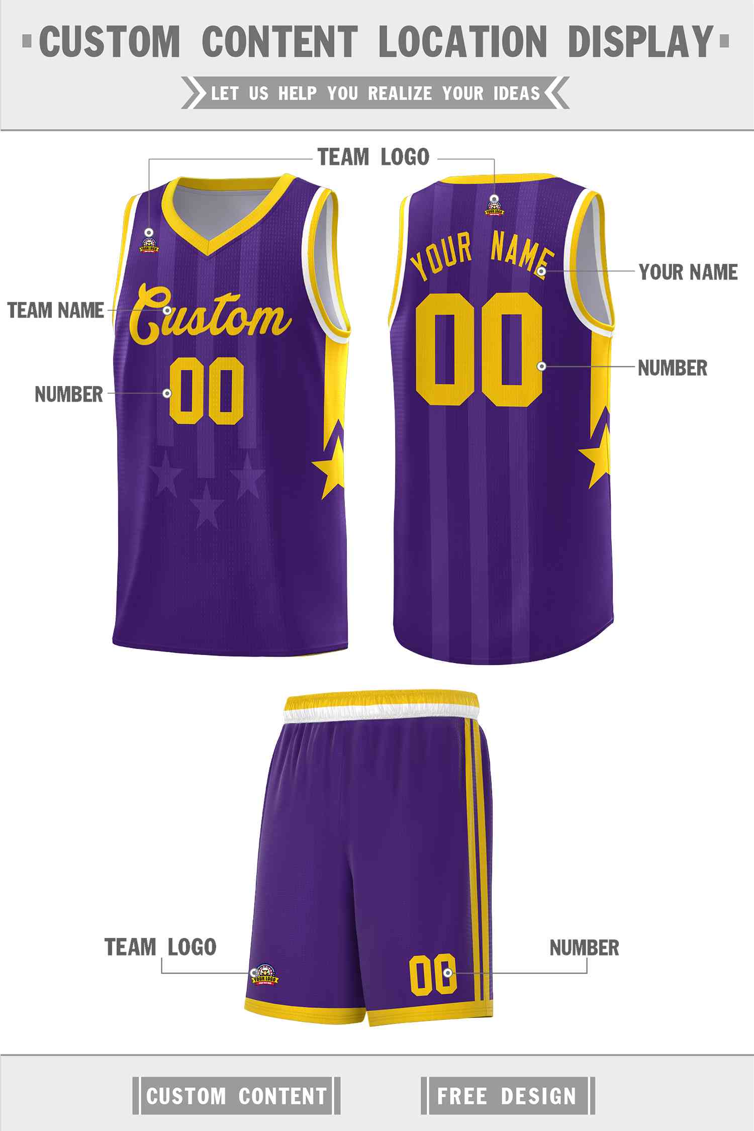 Custom Purple Gold and White Gradient Star Graffiti Pattern Sports Uniform Basketball Jersey