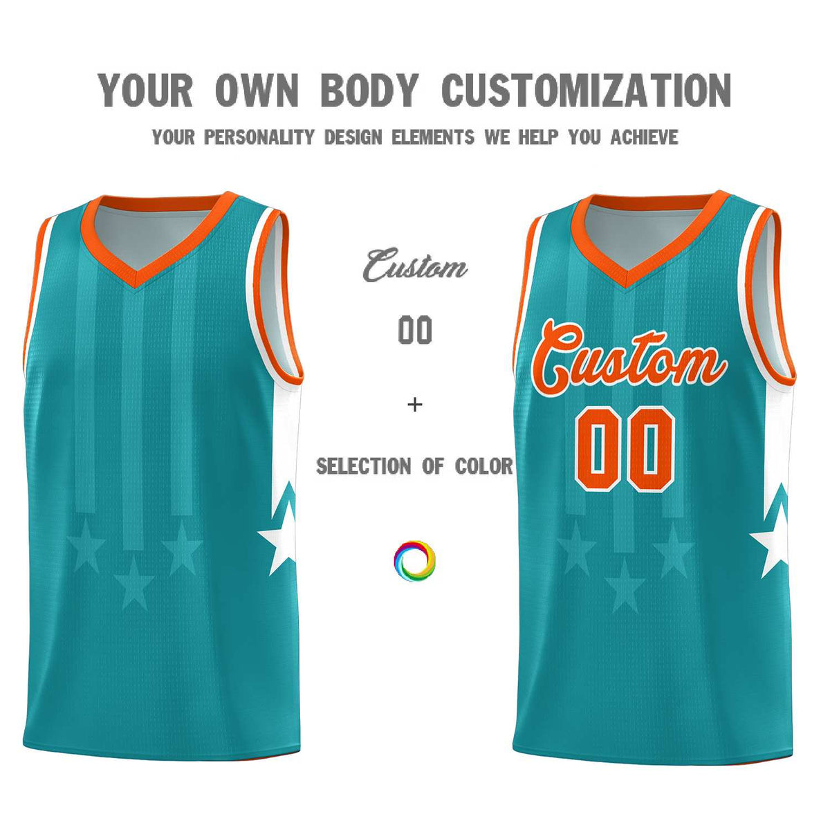 Custom Aqua Orange and White Gradient Star Graffiti Pattern Sports Uniform Basketball Jersey
