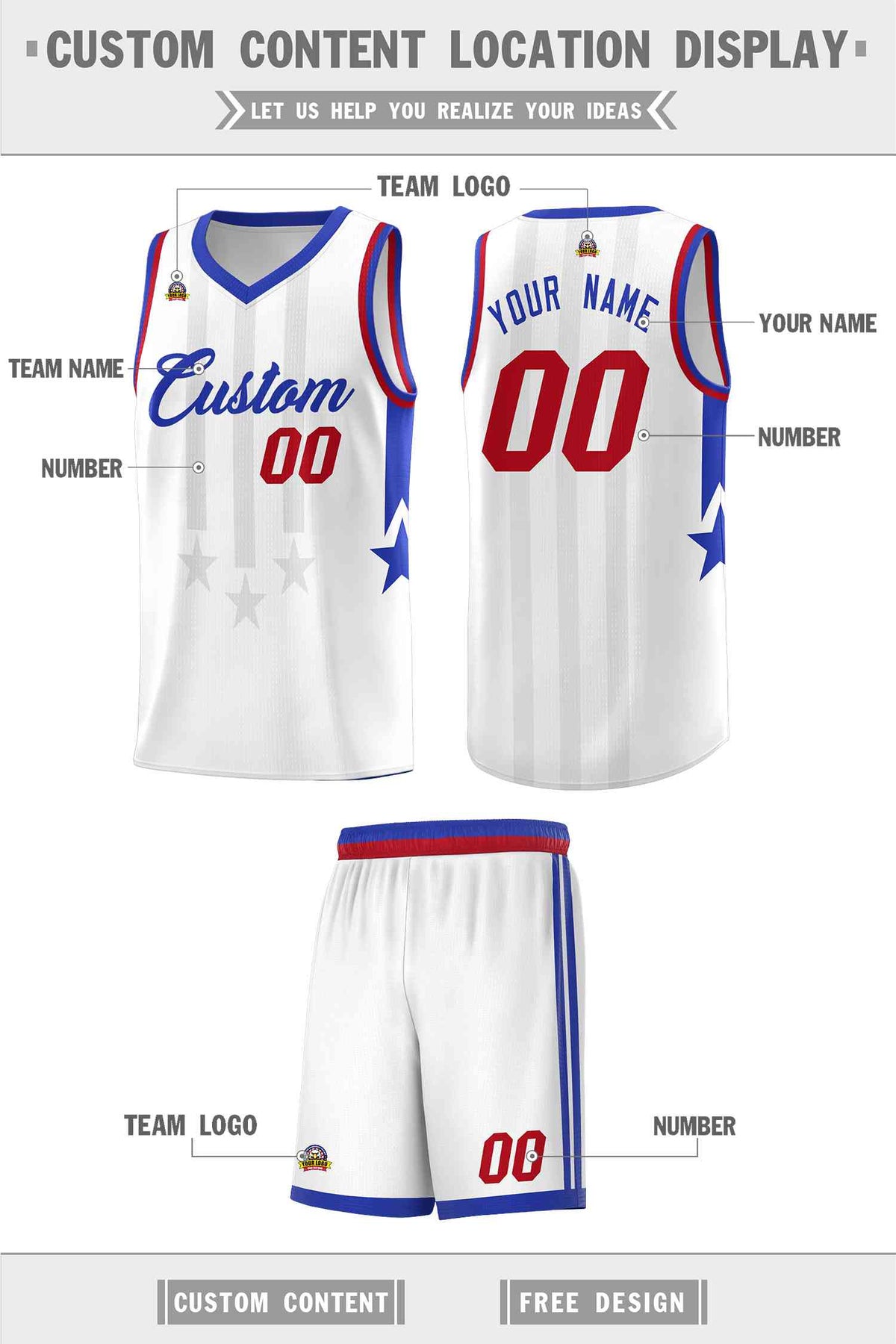 Custom White Royal and Red Gradient Star Graffiti Pattern Sports Uniform Basketball Jersey