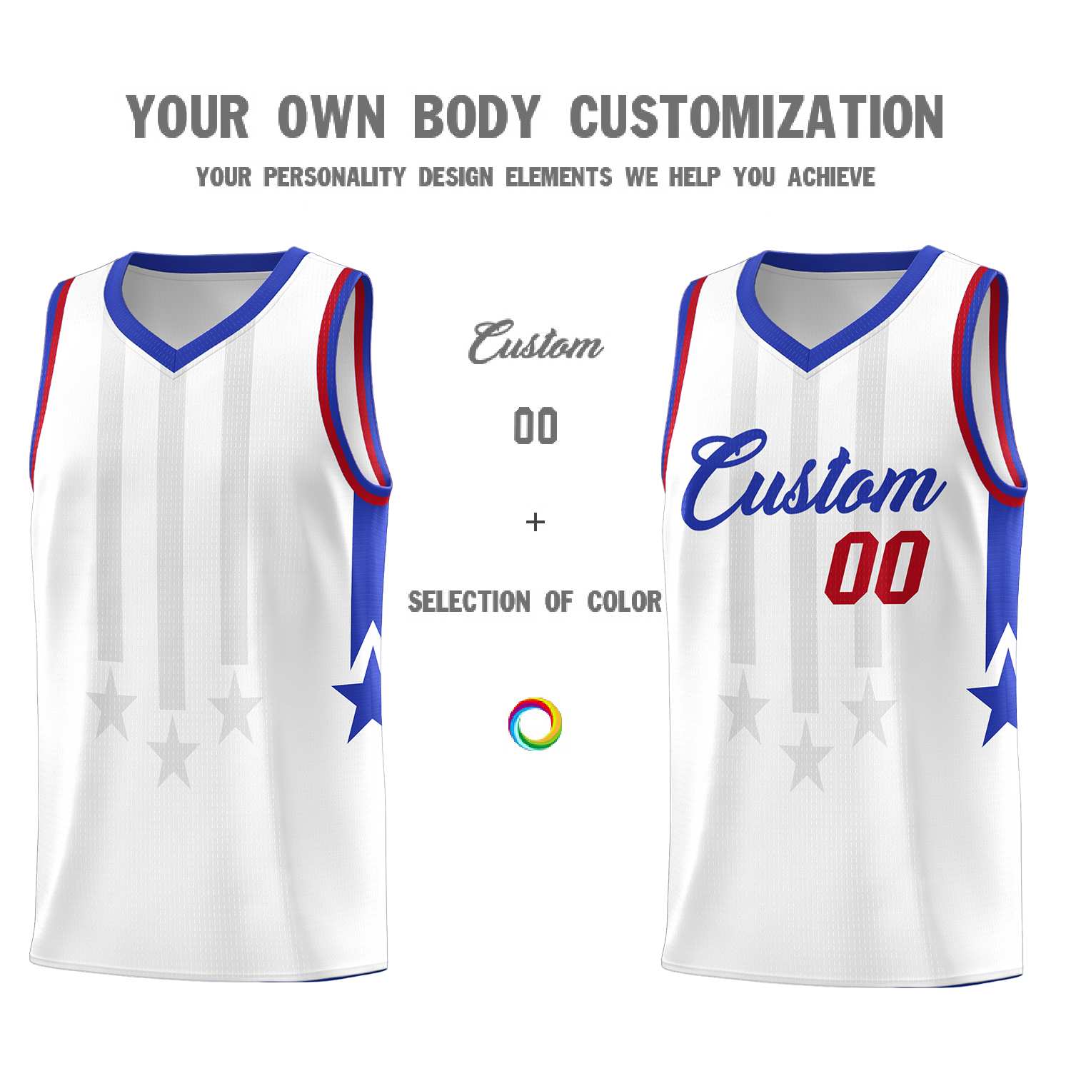 Custom White Royal and Red Gradient Star Graffiti Pattern Sports Uniform Basketball Jersey