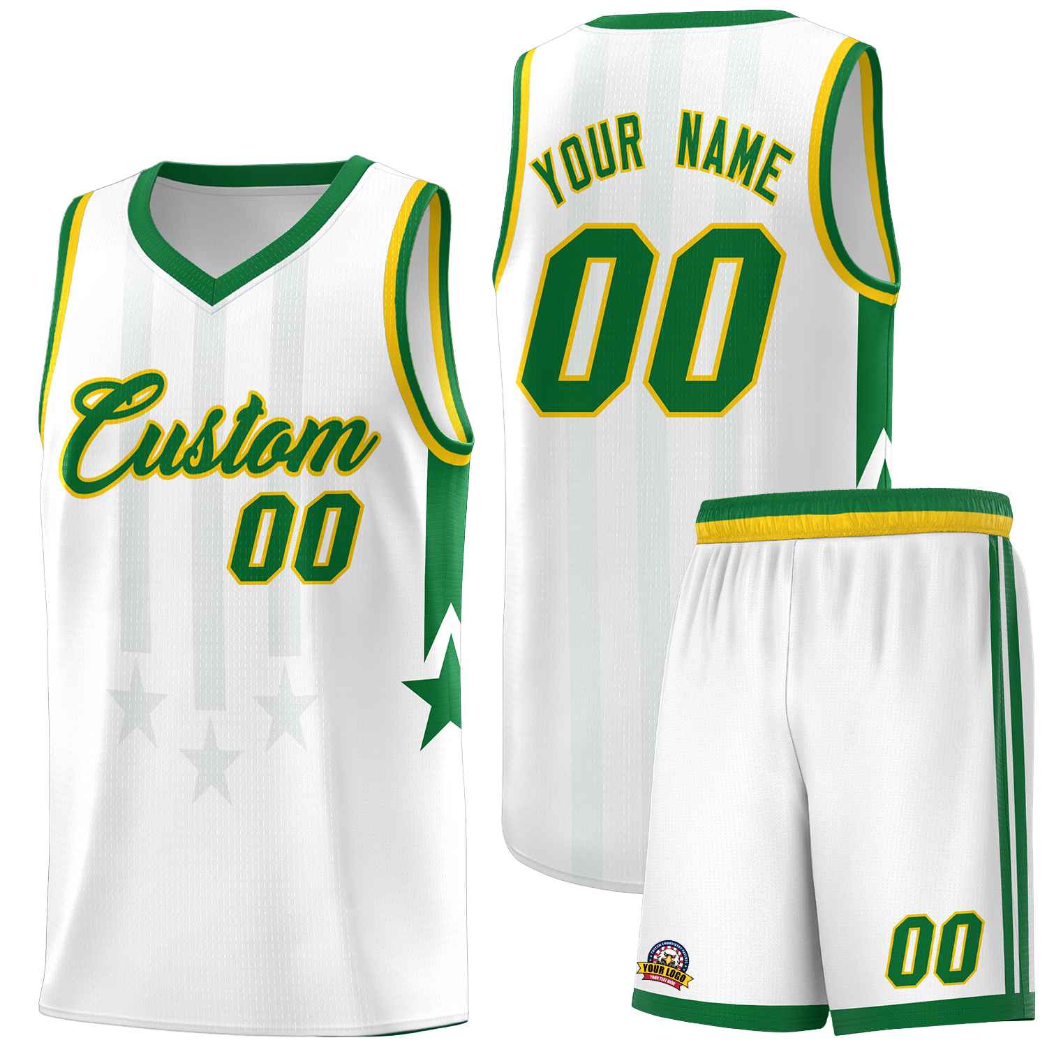 Custom White Kelly Green and Gold Gradient Star Graffiti Pattern Sports Uniform Basketball Jersey
