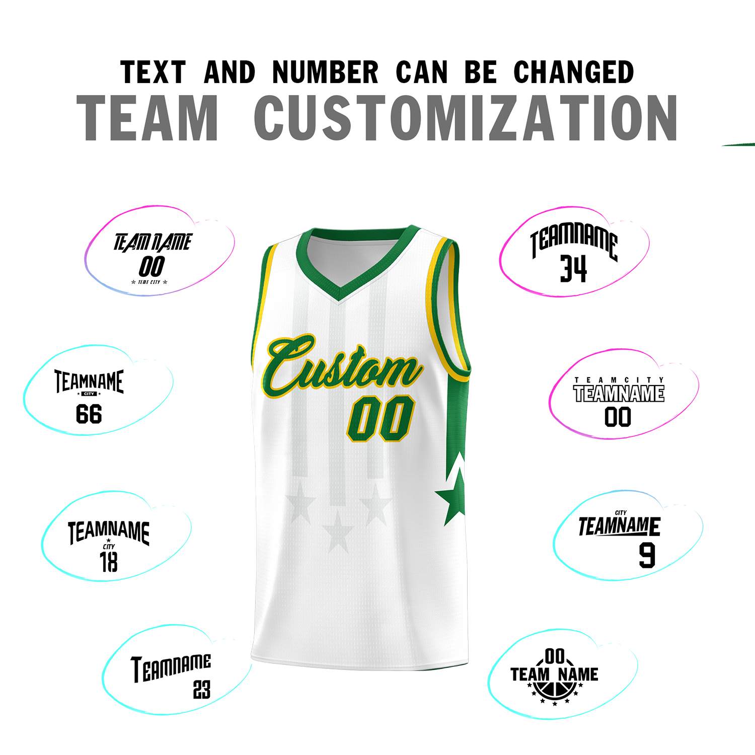 Custom White Kelly Green and Gold Gradient Star Graffiti Pattern Sports Uniform Basketball Jersey
