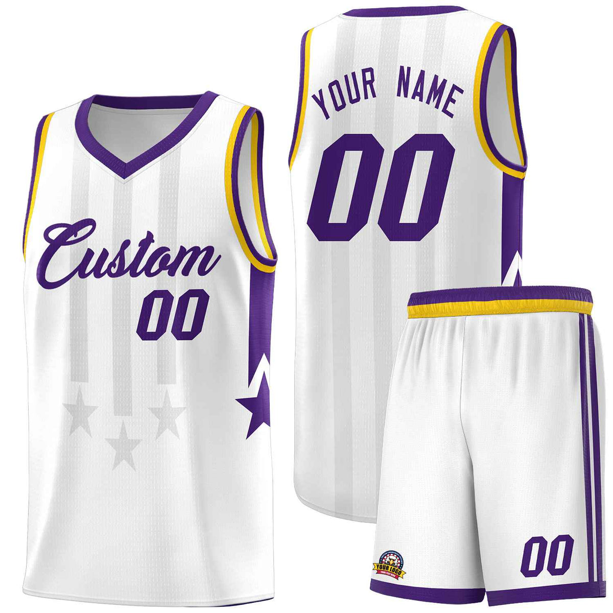 Custom White Purple and Gold Gradient Star Graffiti Pattern Sports Uniform Basketball Jersey