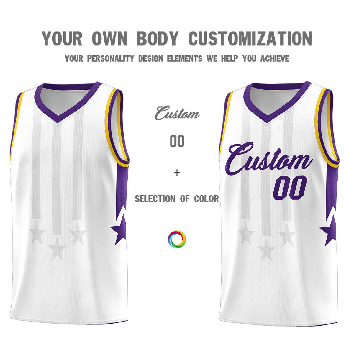 Custom White Purple and Gold Gradient Star Graffiti Pattern Sports Uniform Basketball Jersey
