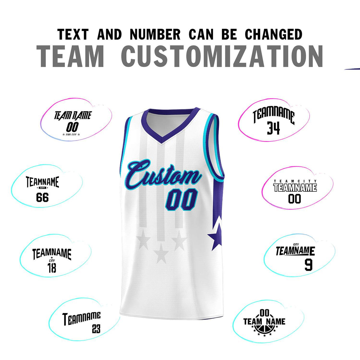 Custom White Purple and Sky Blue Gradient Star Graffiti Pattern Sports Uniform Basketball Jersey