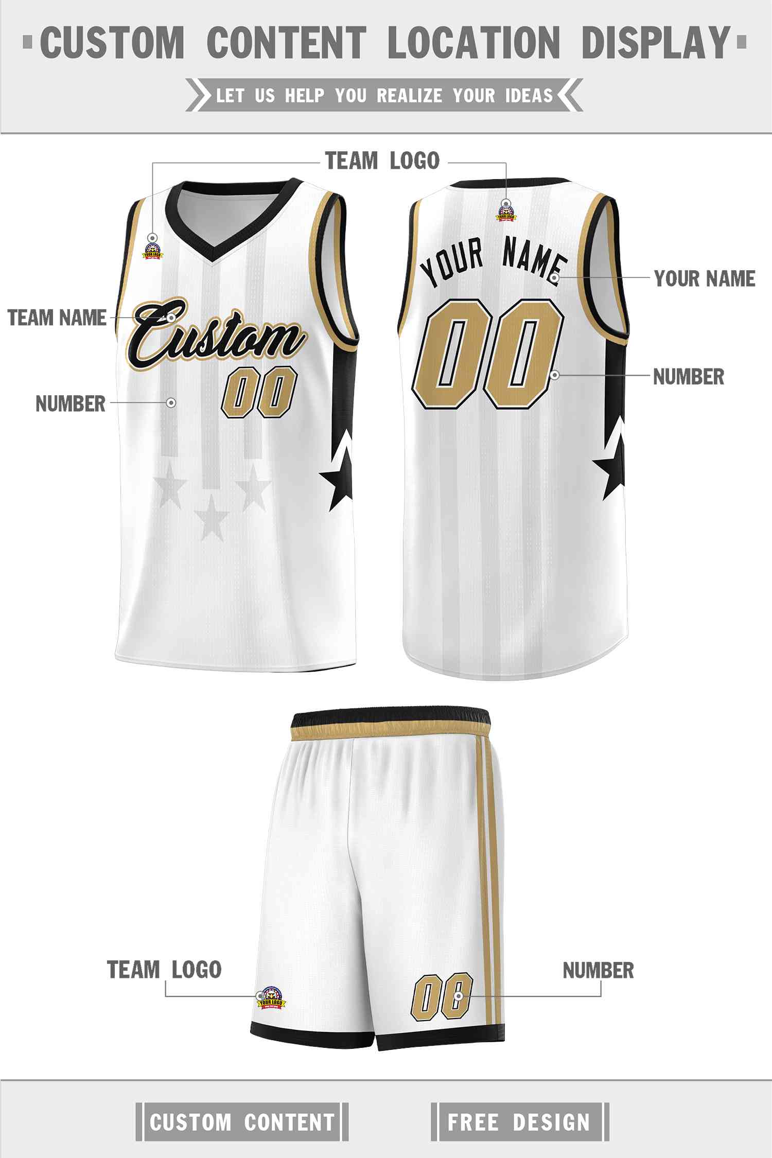 Custom White Black and Old Gold Gradient Star Graffiti Pattern Sports Uniform Basketball Jersey