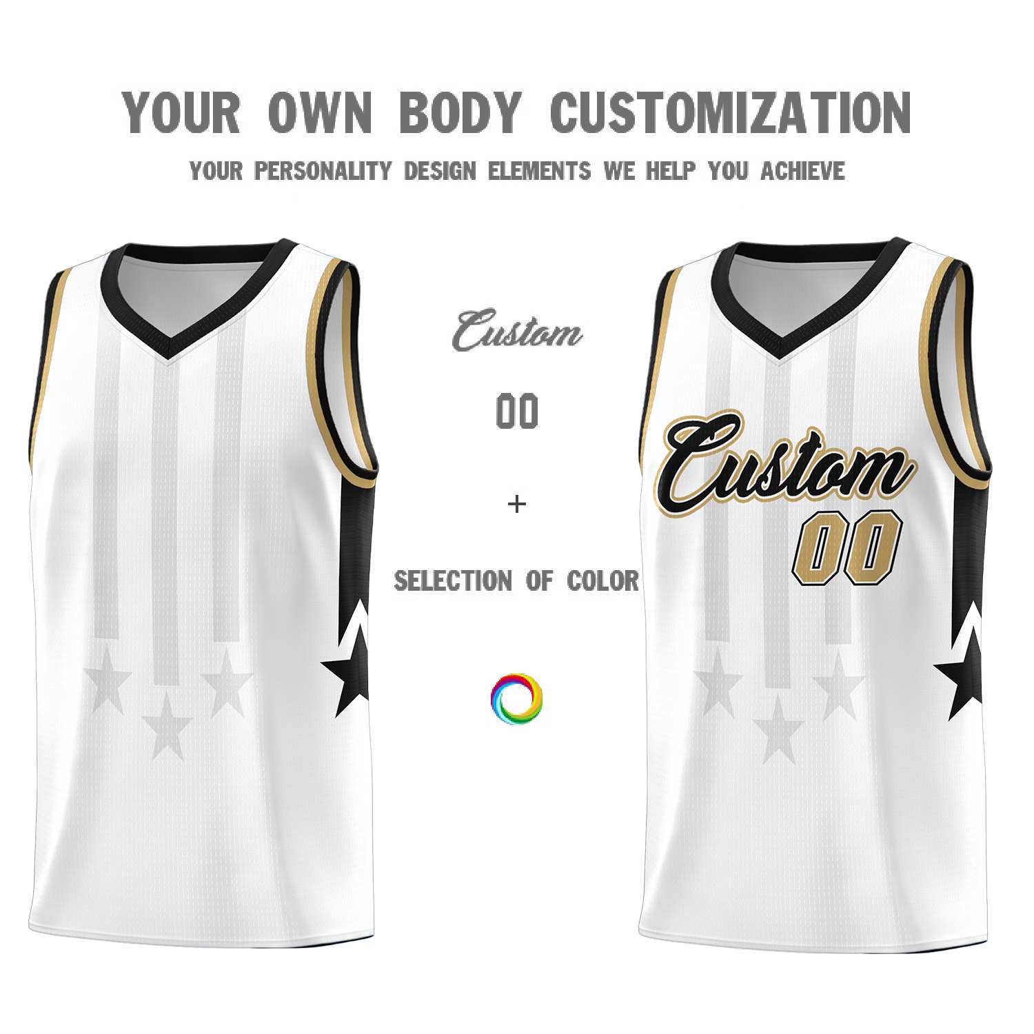 Custom White Black and Old Gold Gradient Star Graffiti Pattern Sports Uniform Basketball Jersey