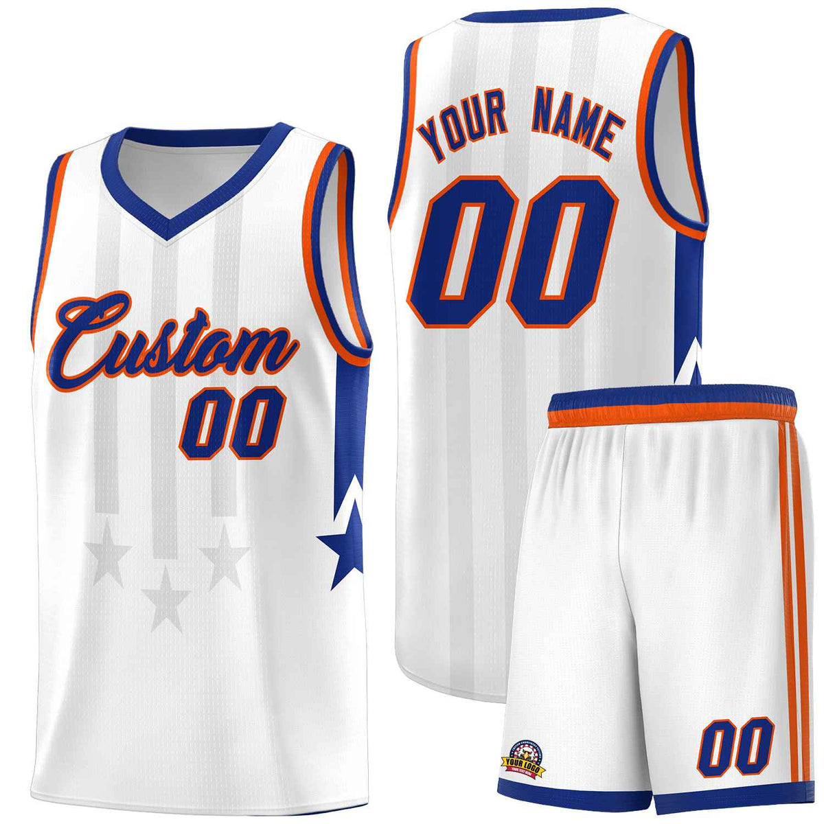 Custom White Royal and Orange Gradient Star Graffiti Pattern Sports Uniform Basketball Jersey