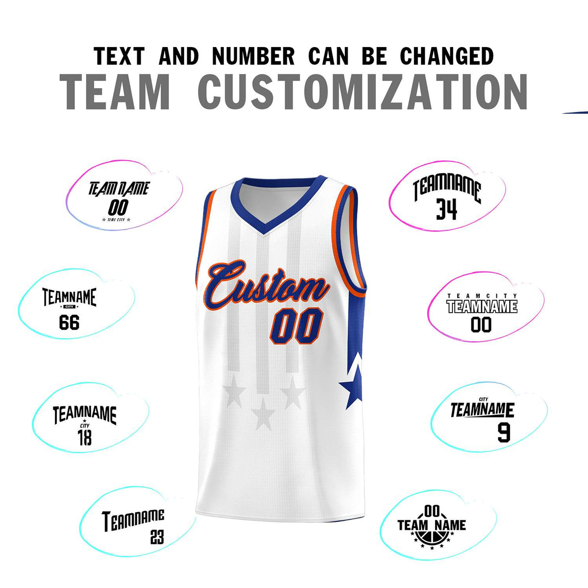 Custom White Royal and Orange Gradient Star Graffiti Pattern Sports Uniform Basketball Jersey