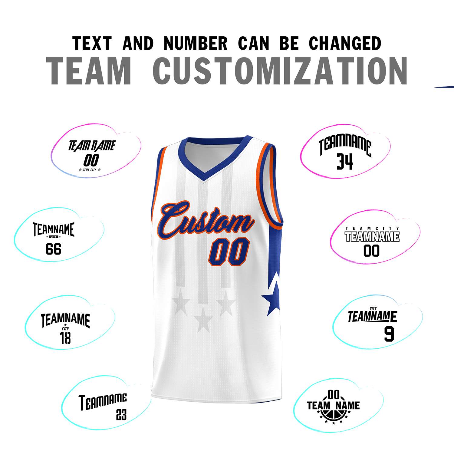Custom White Royal and Orange Gradient Star Graffiti Pattern Sports Uniform Basketball Jersey