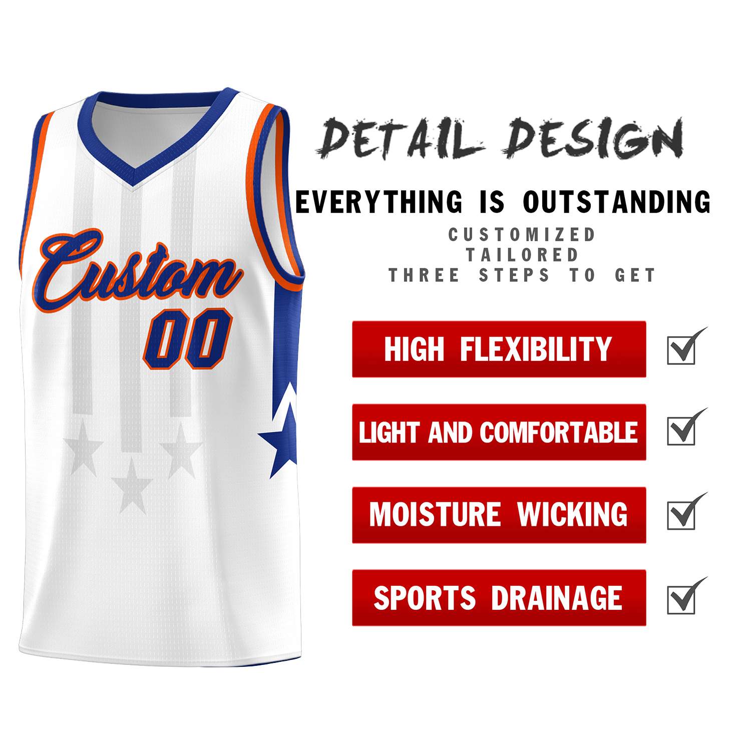 Custom White Royal and Orange Gradient Star Graffiti Pattern Sports Uniform Basketball Jersey