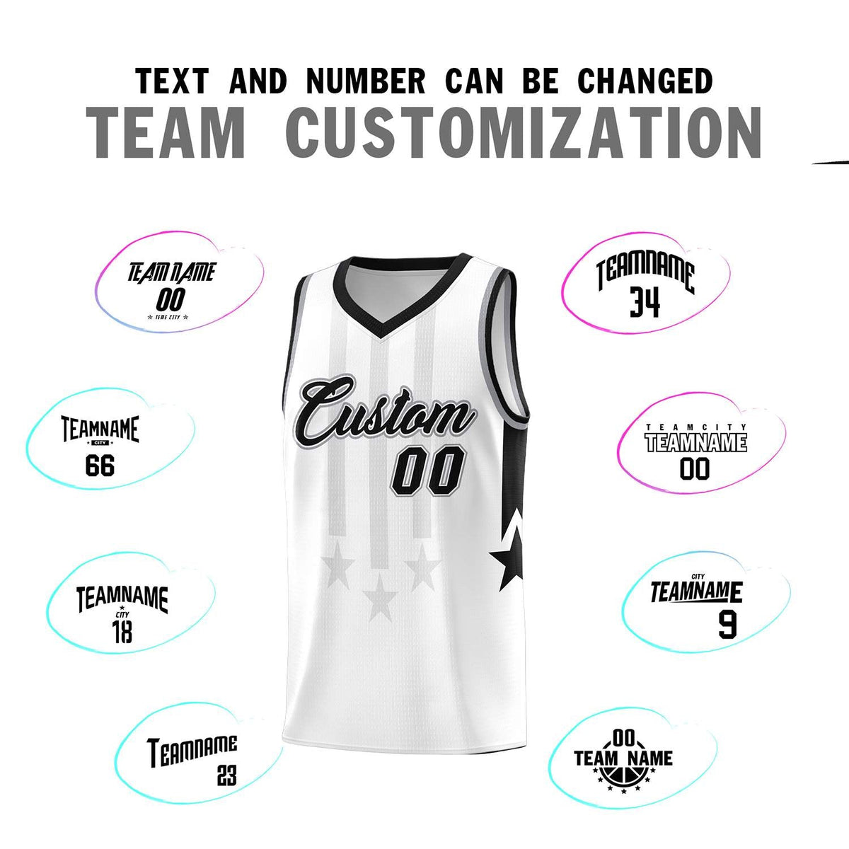 Custom White Black and Gray Gradient Star Graffiti Pattern Sports Uniform Basketball Jersey