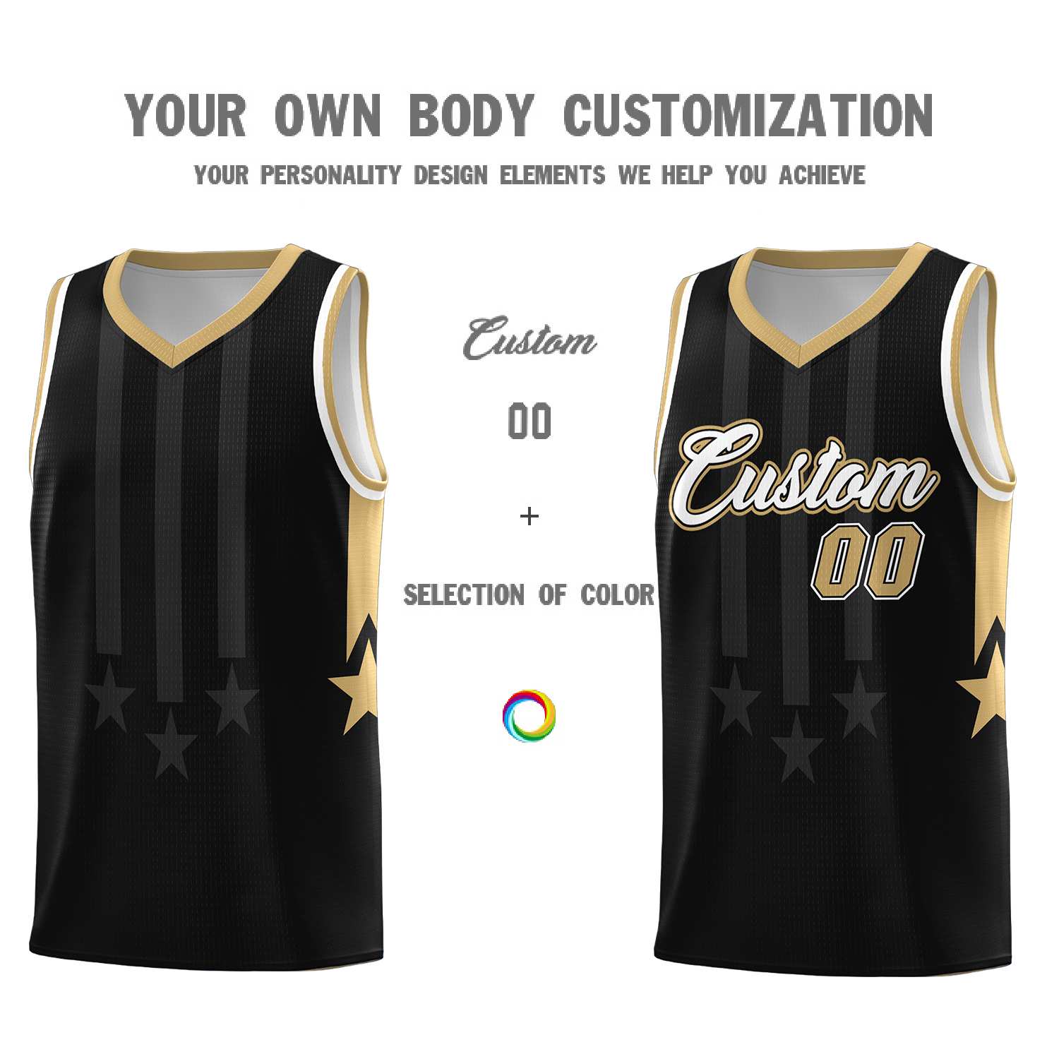 Custom Black Old Gold and White Gradient Star Graffiti Pattern Sports Uniform Basketball Jersey