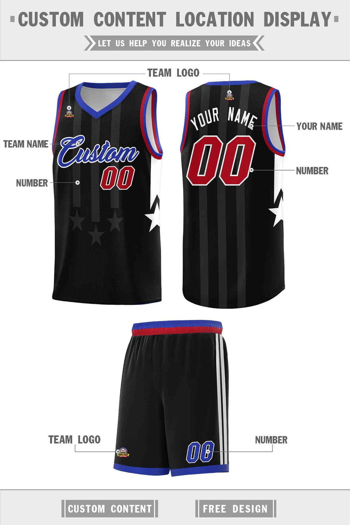 Custom Black Royal and Red Gradient Star Graffiti Pattern Sports Uniform Basketball Jersey