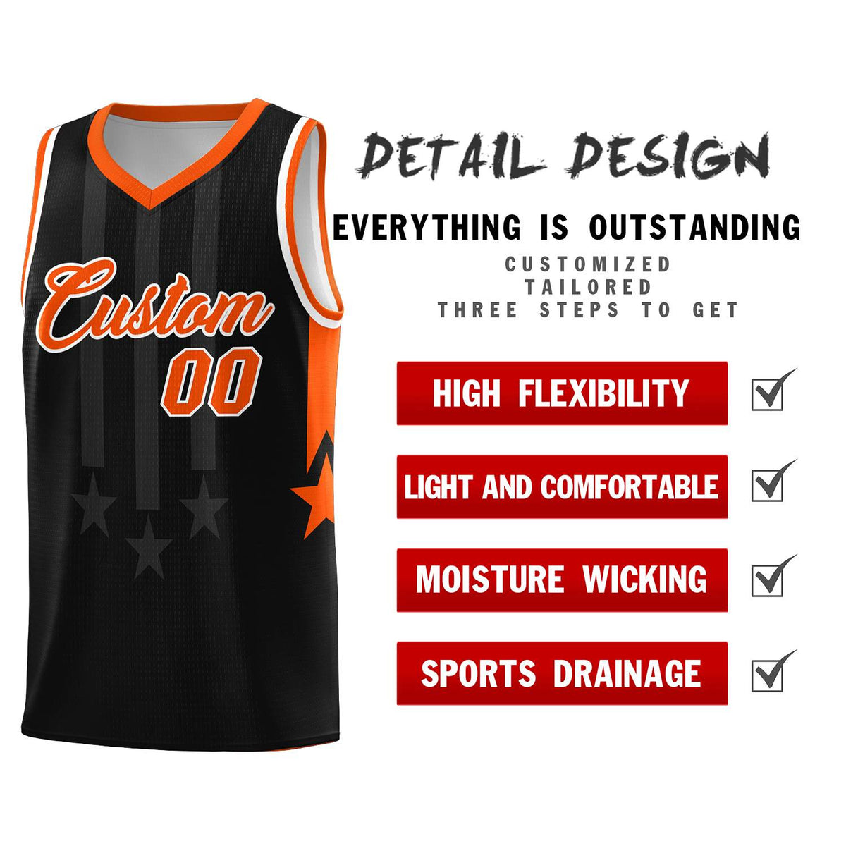 Custom Black Orange and White Gradient Star Graffiti Pattern Sports Uniform Basketball Jersey