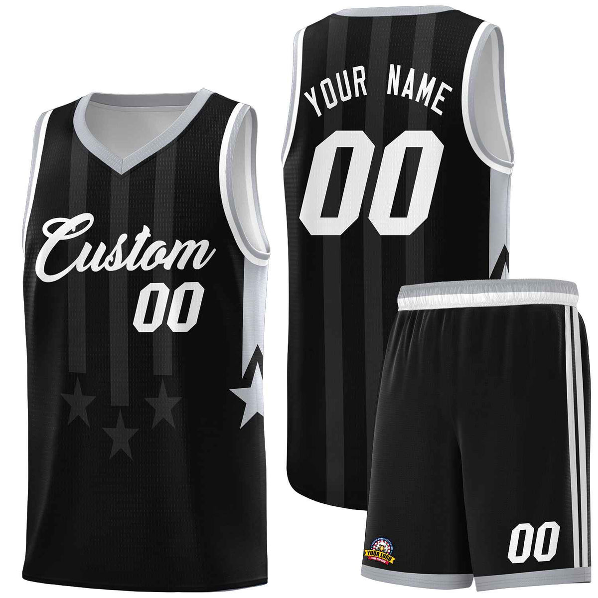 Custom Black Gray and White Gradient Star Graffiti Pattern Sports Uniform Basketball Jersey