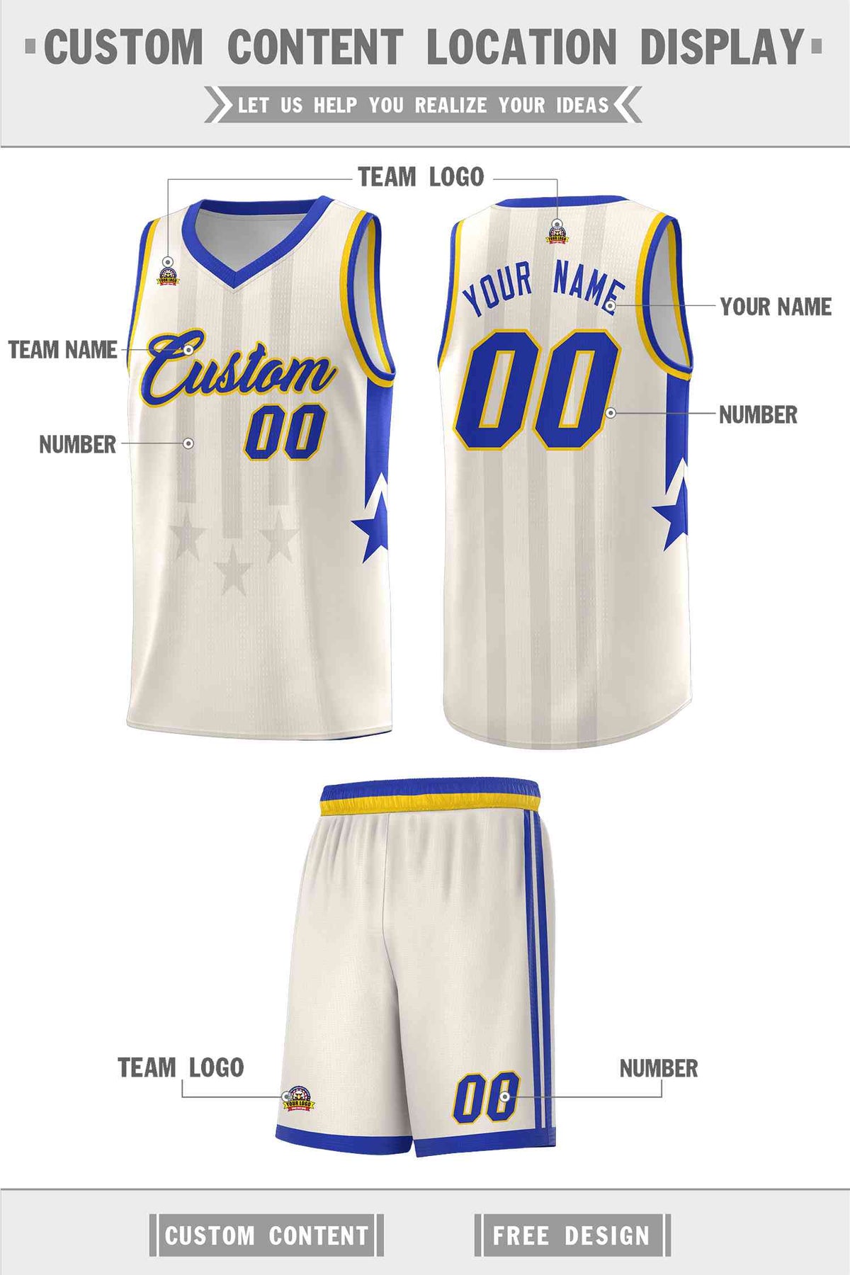 Custom Cream Royal and Gold Gradient Star Graffiti Pattern Sports Uniform Basketball Jersey