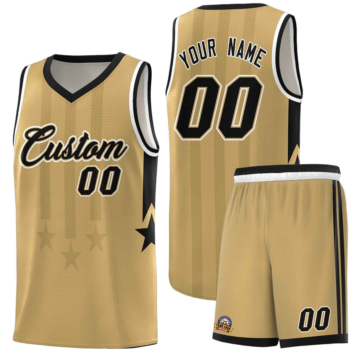 Custom Old Gold Black and White Gradient Star Graffiti Pattern Sports Uniform Basketball Jersey