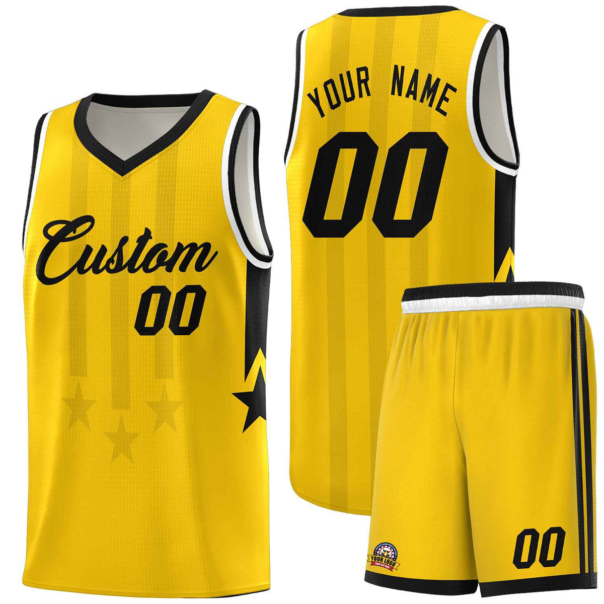 Custom Gold Black and White Gradient Star Graffiti Pattern Sports Uniform Basketball Jersey